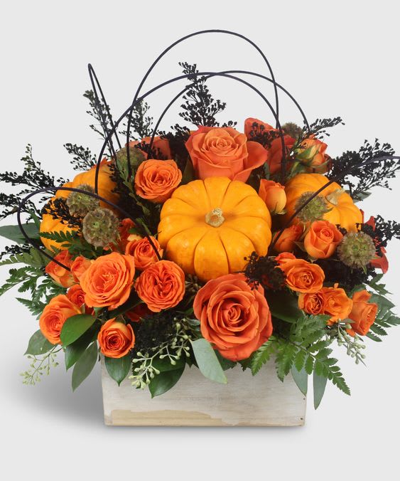 &quot;A Floral Gift with a Touch of Whimsy: The Super Cute Orange Pumpkin Surprise&quot; - This delightful floral gift combines the elegance of fresh blooms with the whimsical charm of a petite, orange pumpkin. The result is a truly adorable and heartwarming surprise that's sure to bring smiles and joy.  The vibrant flowers beautifully contrast with the cheerful orange pumpkin, creating a unique and eye-catching gift that's perfect for any occasion. It's a little touch of magic that says, &quot;I care about you, and I thoughtfully wanted to brighten your day.&quot; Whether you're celebrating a special moment or simply spreading happiness, this floral gift with an orange little pumpkin is a super cute way to do it.     