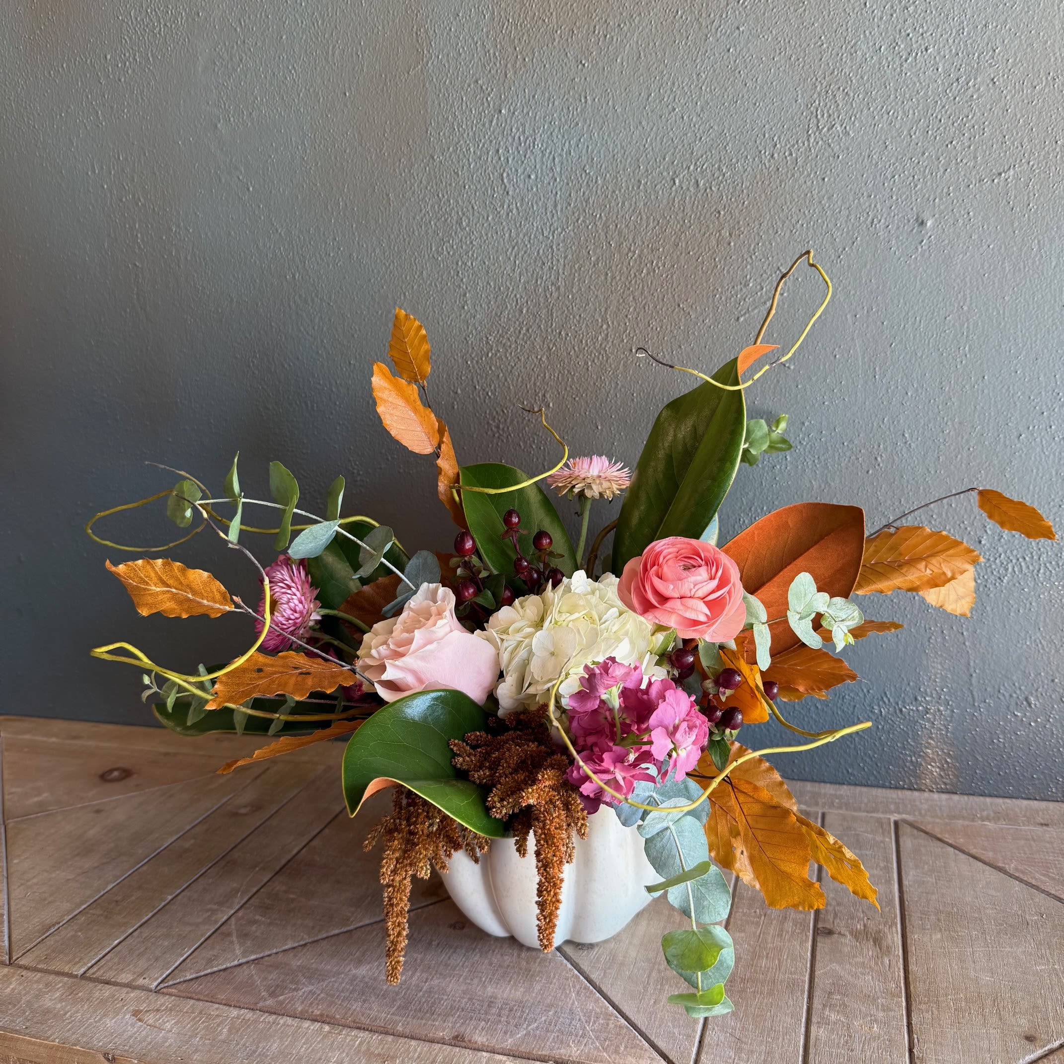 Gourd-geous - This lovely, whimsical arrangement in a white pumpkin vase captures the magical feeling of the fall season!