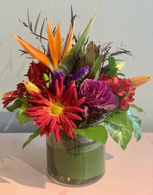 Autumn Jewel - Vibrant colors of orange Birds of Paradise; Reds and Purples too.