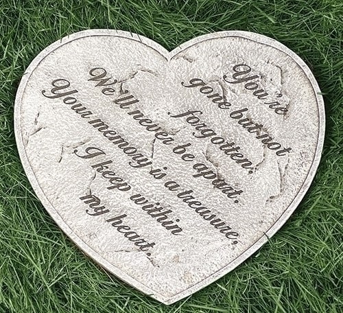 Roman Heart Garden Stone - 10251 UPC	089945543087 Invoice Description	11&quot;H HEART GARDEN STONE W/VERSE; YOU'RE GONE BUT NOT FORGOTTENMWE'LL NEVER BE APART . YOU'RE MEMORY IS A TREASURE I KEEP WITHIN MY HEART. Materials	DOLOMITE/RESIN Dimensions	11.02&quot;H 0.79&quot;W 12.2&quot;L