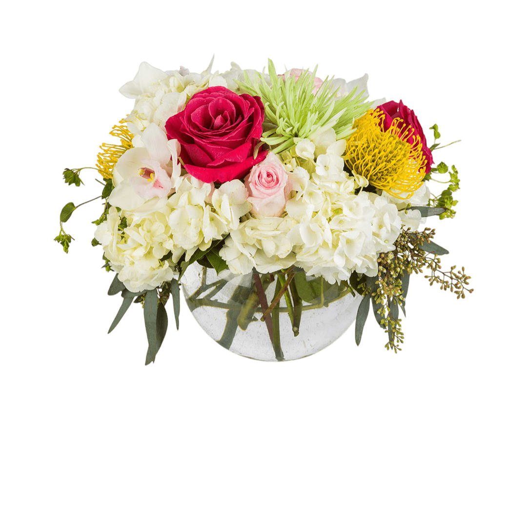 Soft Tropics - This arrangement includes cymbidium orchids, protea, hydrangea, roses, and other seasonal blooms. This is perfect for a Birthday, Mother's Day, Thank You, or Just Because. 