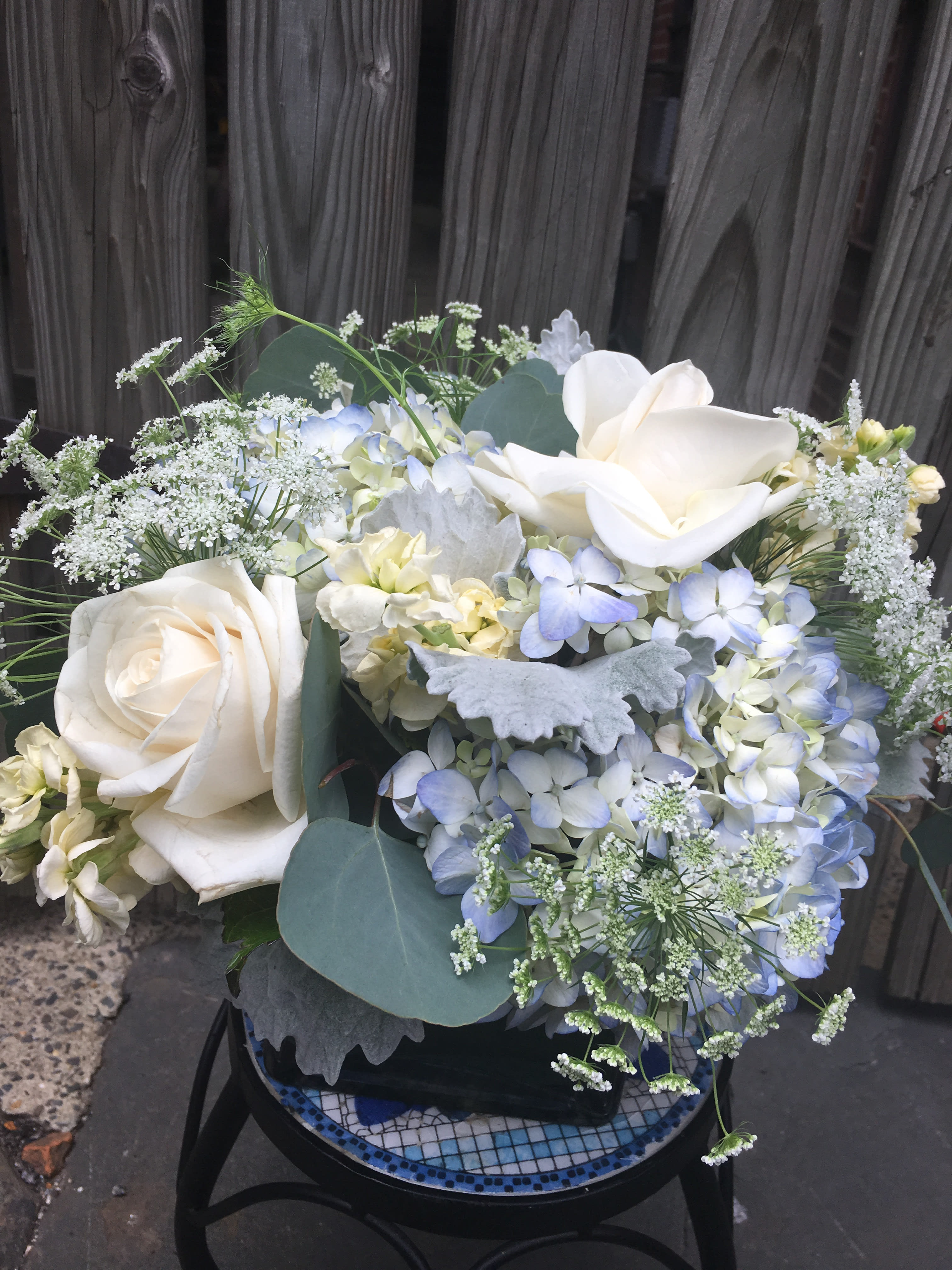 Dusty blue and white centerpiece Dusty blue and white centerpiece - A simple yet elegant collection, upgrade for larger size.