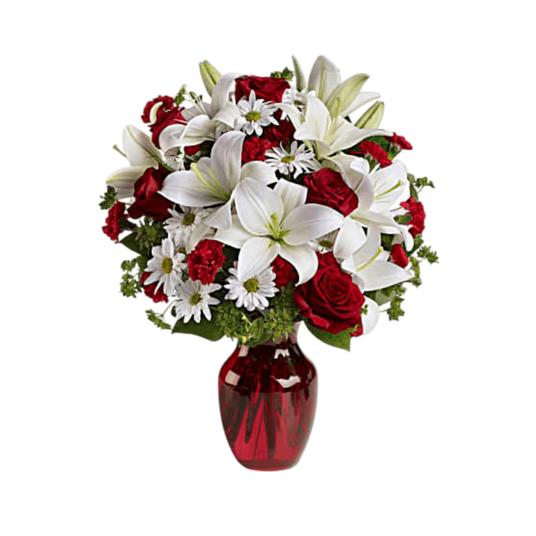 Be my sweet love bouquet Be my sweet love bouquet - Roses, chrysanthemums, carnations and white lilies arranged with love in a red glass vessel. Containers vary.