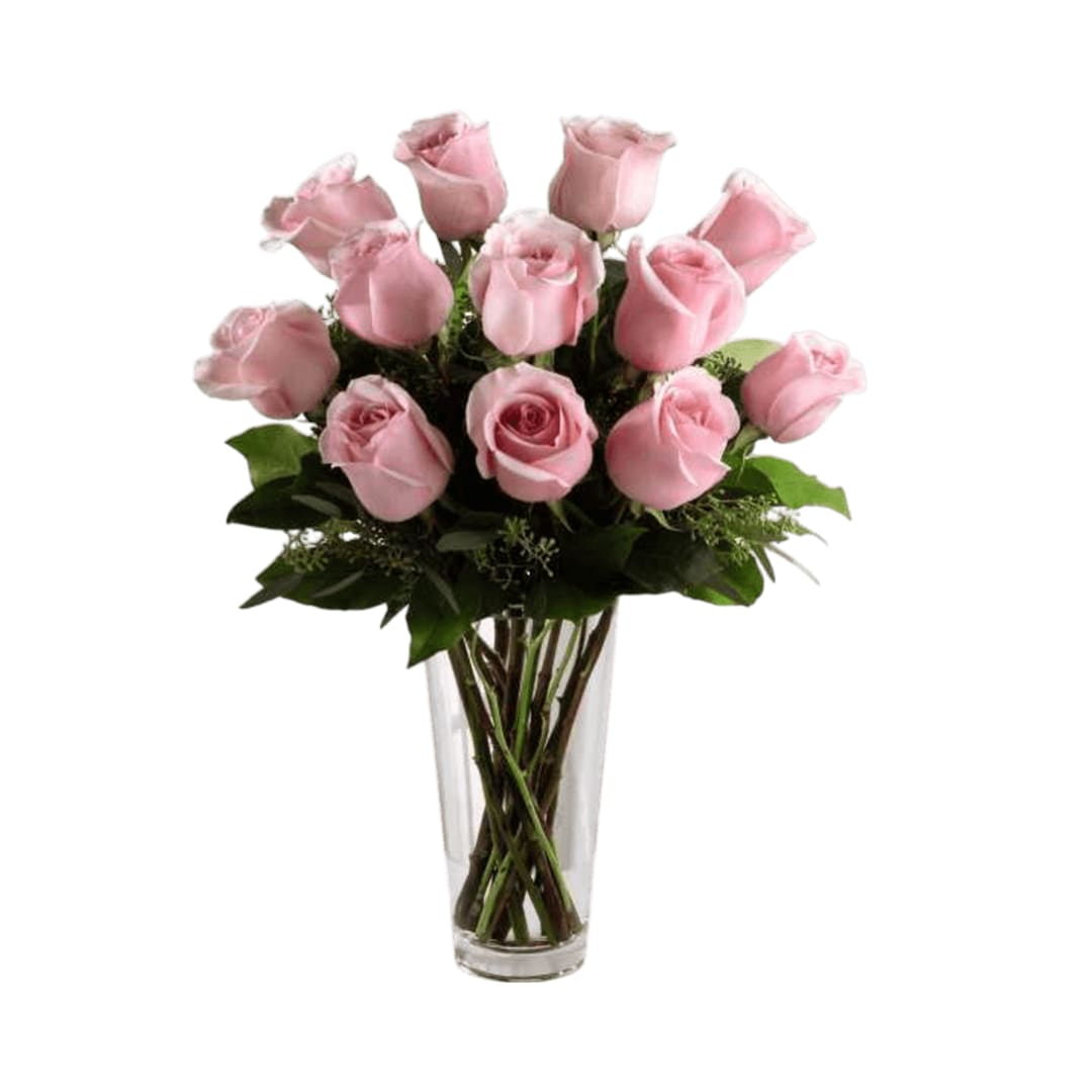 Pink Rose Pink Rose - The Pink Rose Bouquet is a graceful expression of blushing beauty to convey your deepest sympathies for their loss. Our finest pastel pink roses are perfectly accented with seeded eucalyptus and arranged in a clear glass vase to create a soft sentiment of cheerful wishes that will bring comfort and warmth during this trying time.
