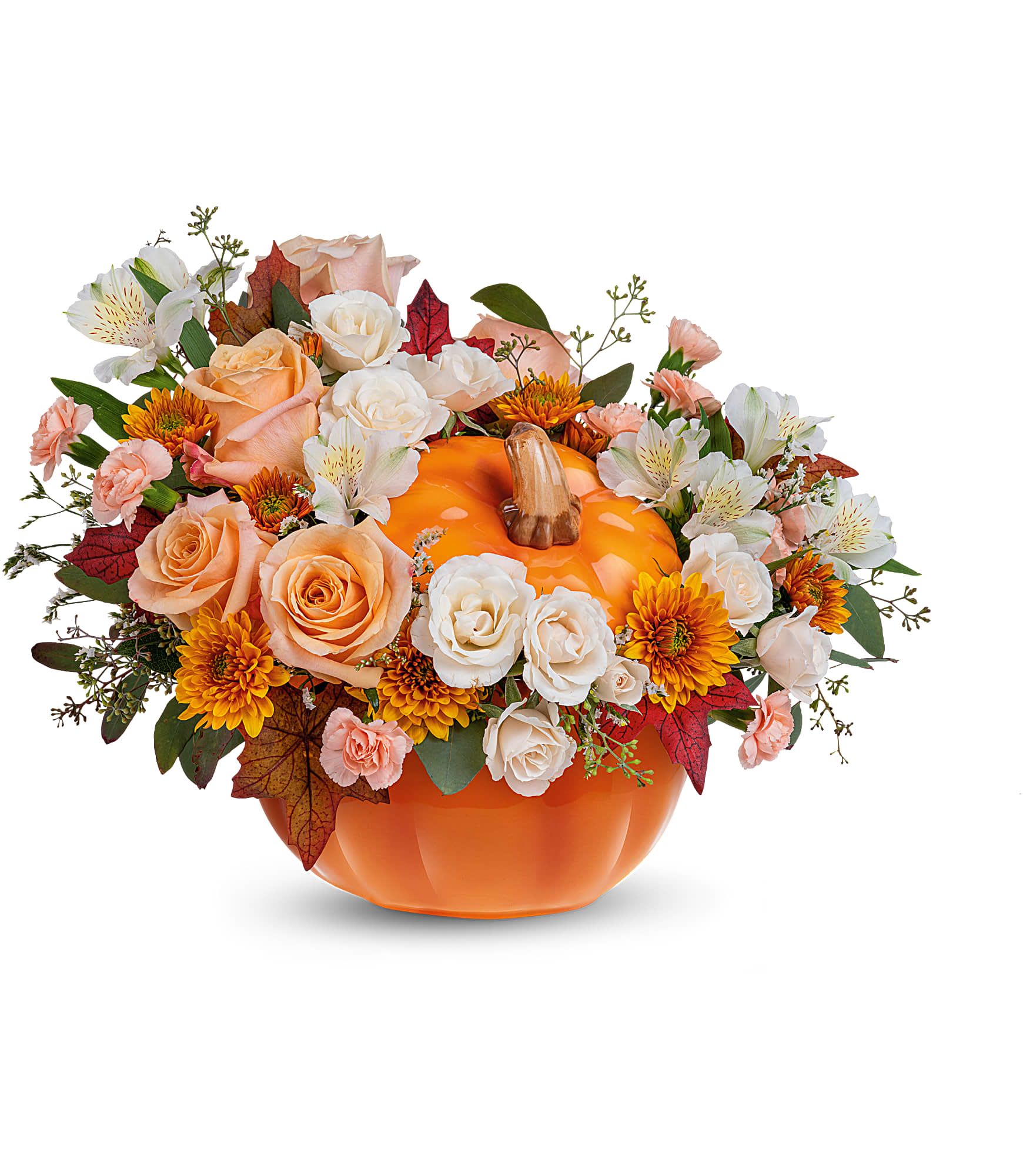Orange Pumpkin Orange Pumpkin - Welcome Fall into your home with this warm and cozy, Hello Pumpkin arrangement. The autumnal mix will add a sophisticated touch with crème roses combined with the warm hues of bronze chrysanthemums and peach mini carnations! This charming arrangement features crème roses, white alstroemerias, peach miniature carnations, bronze cushion spray chrysanthemums, and seeded eucalyptus. Delivered in Teleflora's Hauntingly Pretty Pumpkin. Orientation: All-Around