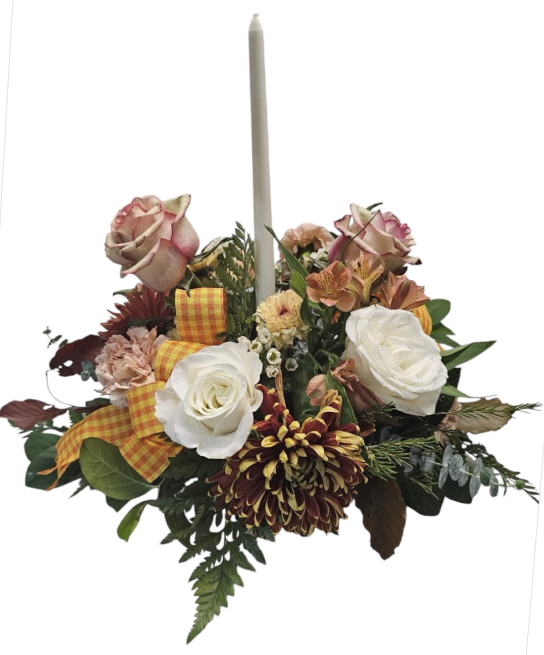 Thanksgiving Centerpiece  - This seasonal centerpiece includes 2 handmade ribbon accents and a candle (8-9hr burn time).  Our designers will make each one to order so, while the colors may vary, the arrangement will have a fall palette and use our freshest flowers.   Order or pre-order today! 