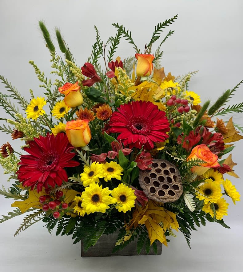 Autumn Window Box - Keep things fun with this jewel toned Autumn Window Box! Mixed flowers some roses and Gerbera Daisies in a wooden garden box give this arrangement its bright colors and textures to create a beautiful centerpiece or gift.  NOTE: As we don't have the exact same flowers every day, this design will be made to resemble the style and coloring, not the exact flowers.    APPROXIMATE DIMENSIONS 18&quot; W X 10&quot;   