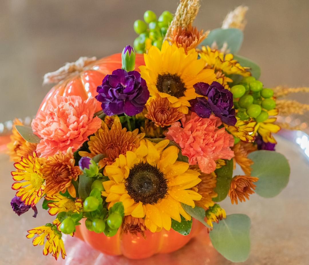 Peter's Perfect Posies in a Pumpkin - Send someone a touch of Autumn in this festive pumpkin keepsake.
