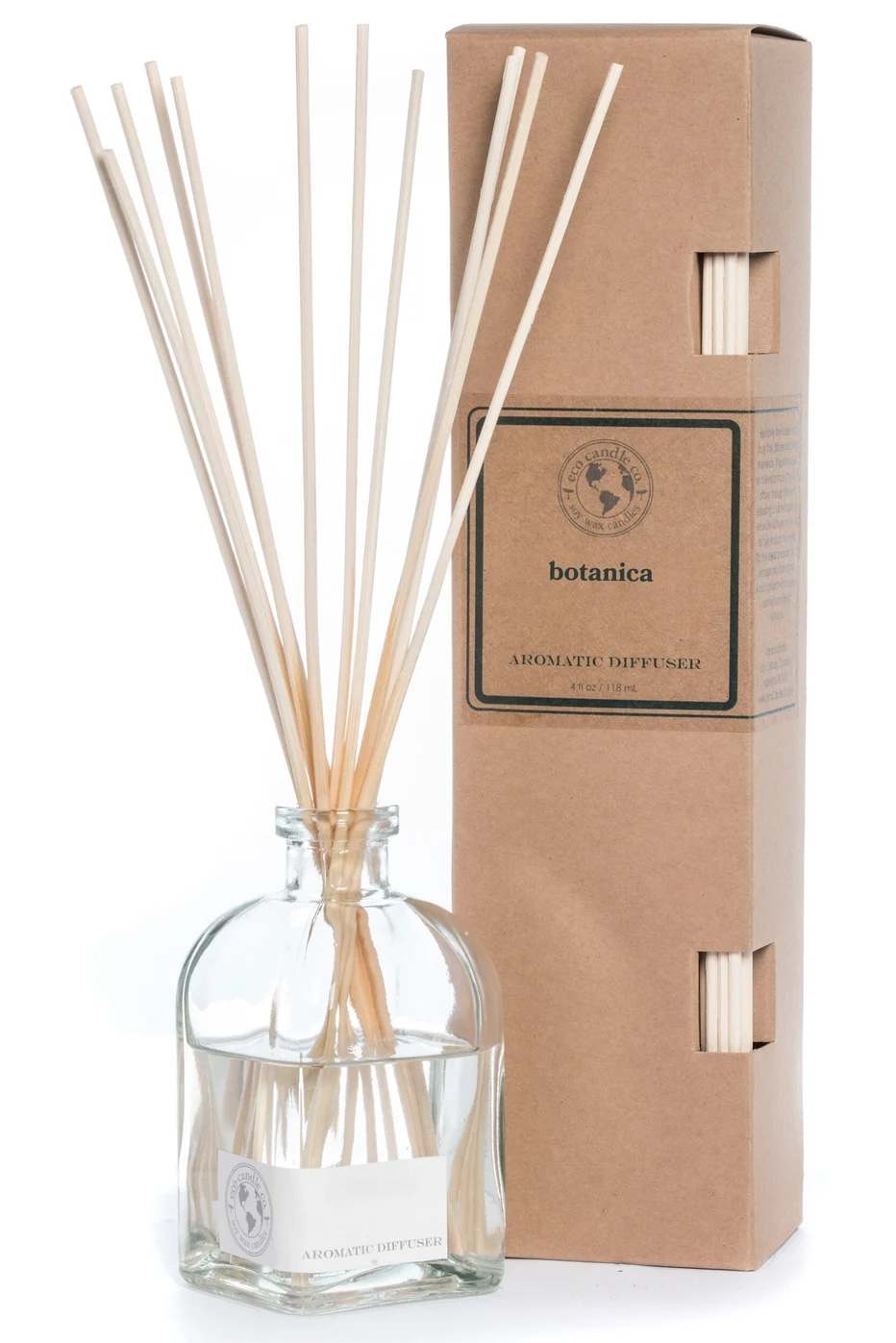 Reed Diffuser - Botanica - Botanica scent description: A musky blend of pine, lavender and moss with notes of sandalwood and tonka bean.  Attractive clear glass jar with 4 ounces of premium fragrance oil and 12 reed sticks packaged in a recycled kraft box.  Low maintenance home fragrance that lasts up to 4 months! Just insert the natural reed sticks into the jar and flip the sticks occasionally to intensify the scent.   Made with phthalate-free fragrance and essential oil blends.  Size: jar- 3&quot; x 4.75&quot;, 12&quot; long reed sticks, total package size 3&quot; x 3&quot; x 12.25&quot;