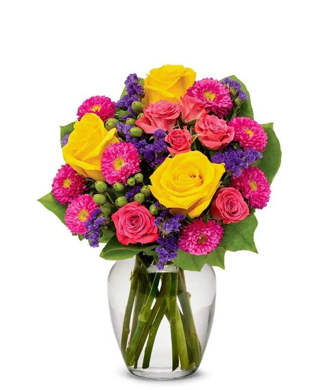 Just Because Bouquet - Bright yellow roses and hot pinks are sure to lift anyone's spirit! 