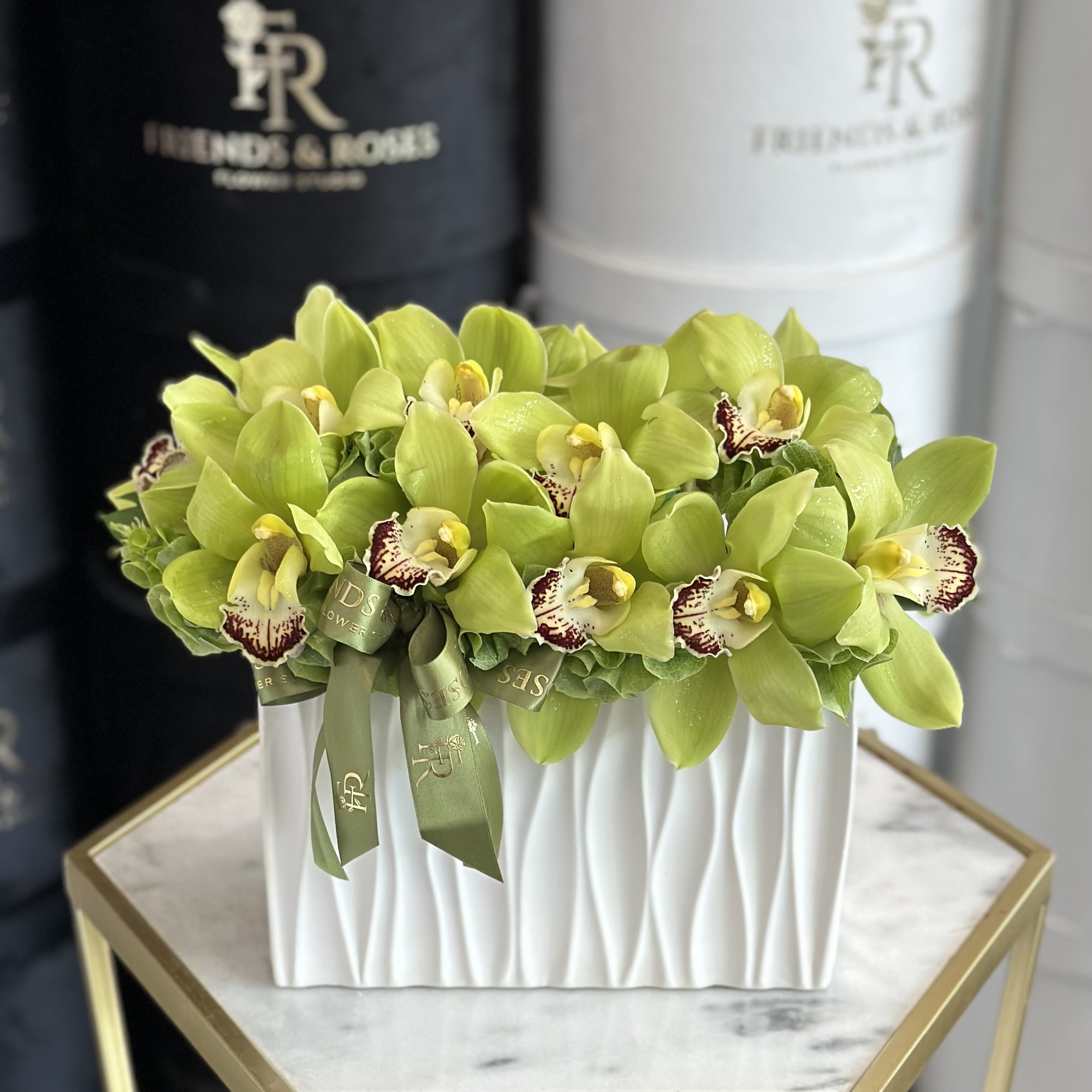 Essence - Green orchids arranged in a pure white vase - a study in simplicity and calm. Clean, modern, and effortlessly elegant.