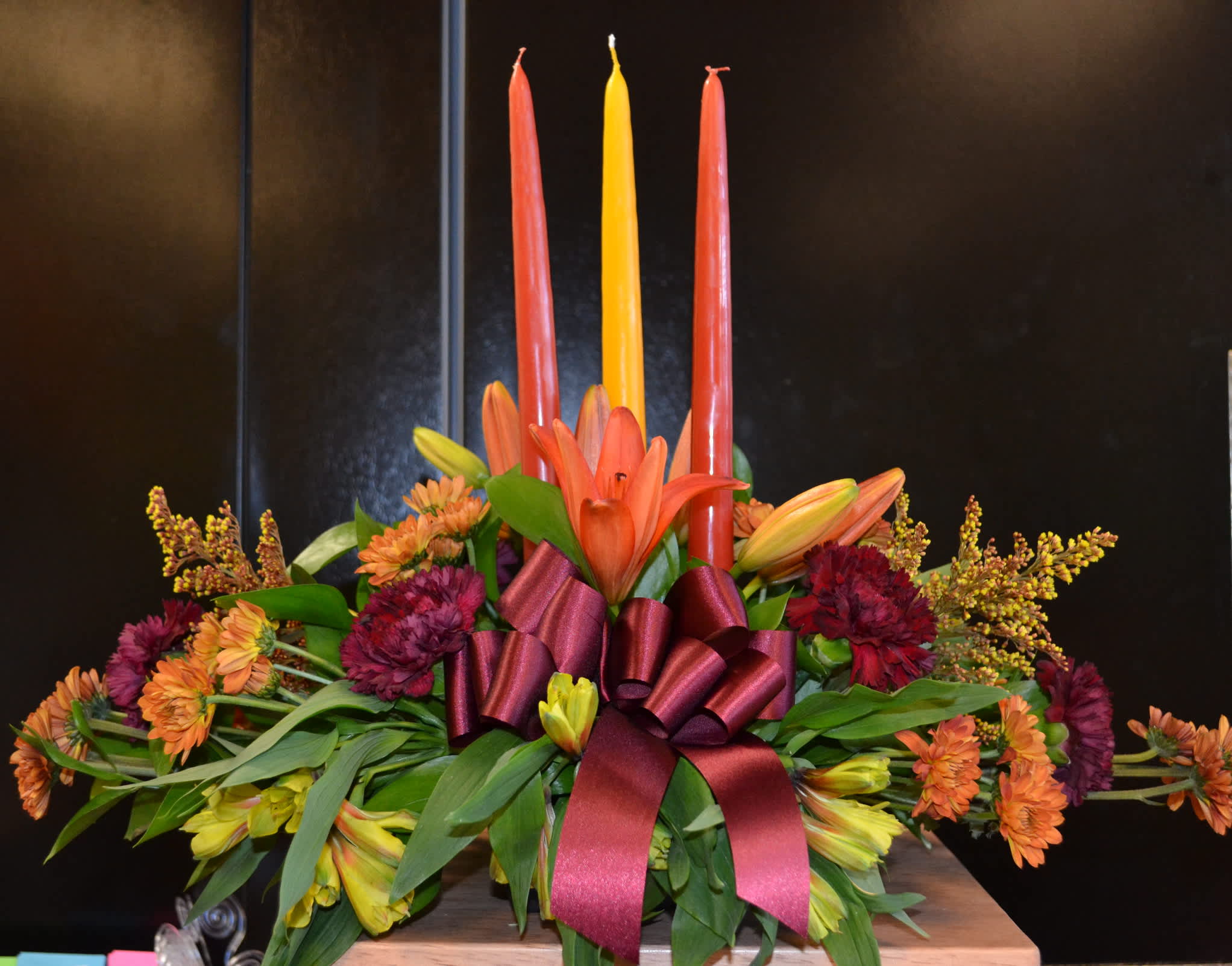 Colorful Centerpiece - Thanksgiving Centerpiece with poms, Carnations, Lilies, Alstro and more
