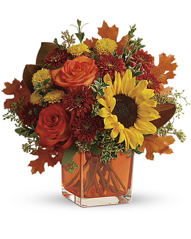 Hello Autumn Bouquet - Greet the new season with this heartwarming sunflower and rose bouquet, presented in a cheerful orange cube vase.