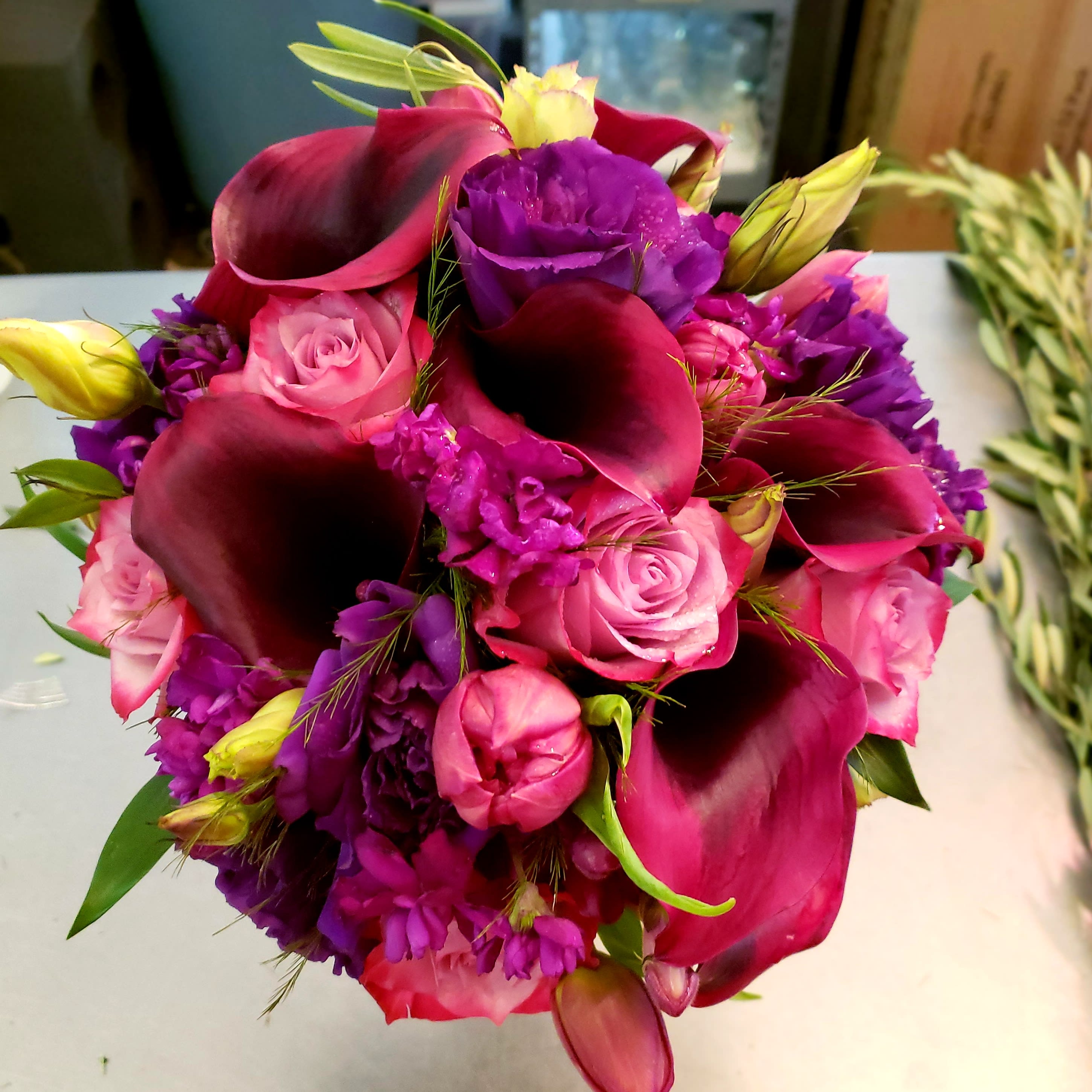 Cala Me Purple Bridal Bouquet Cala Me Purple Bridal Bouquet - Elegant wedding bouquet with Shades of purples, pink, lavender and fuchsia.