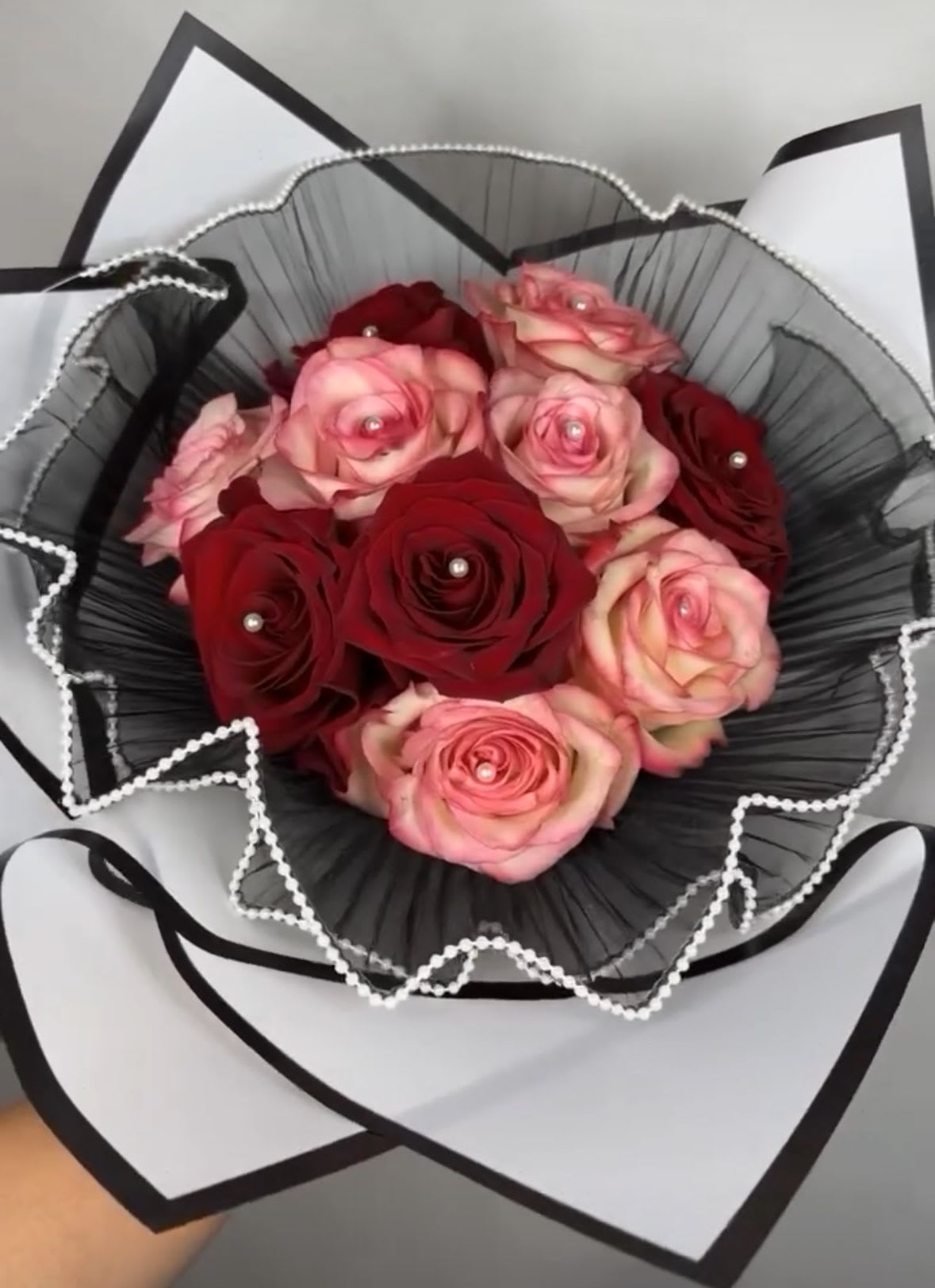 Mix Bouquet - Bouquet of assorted roses wrapped in lace with pearl details and Korean paper.