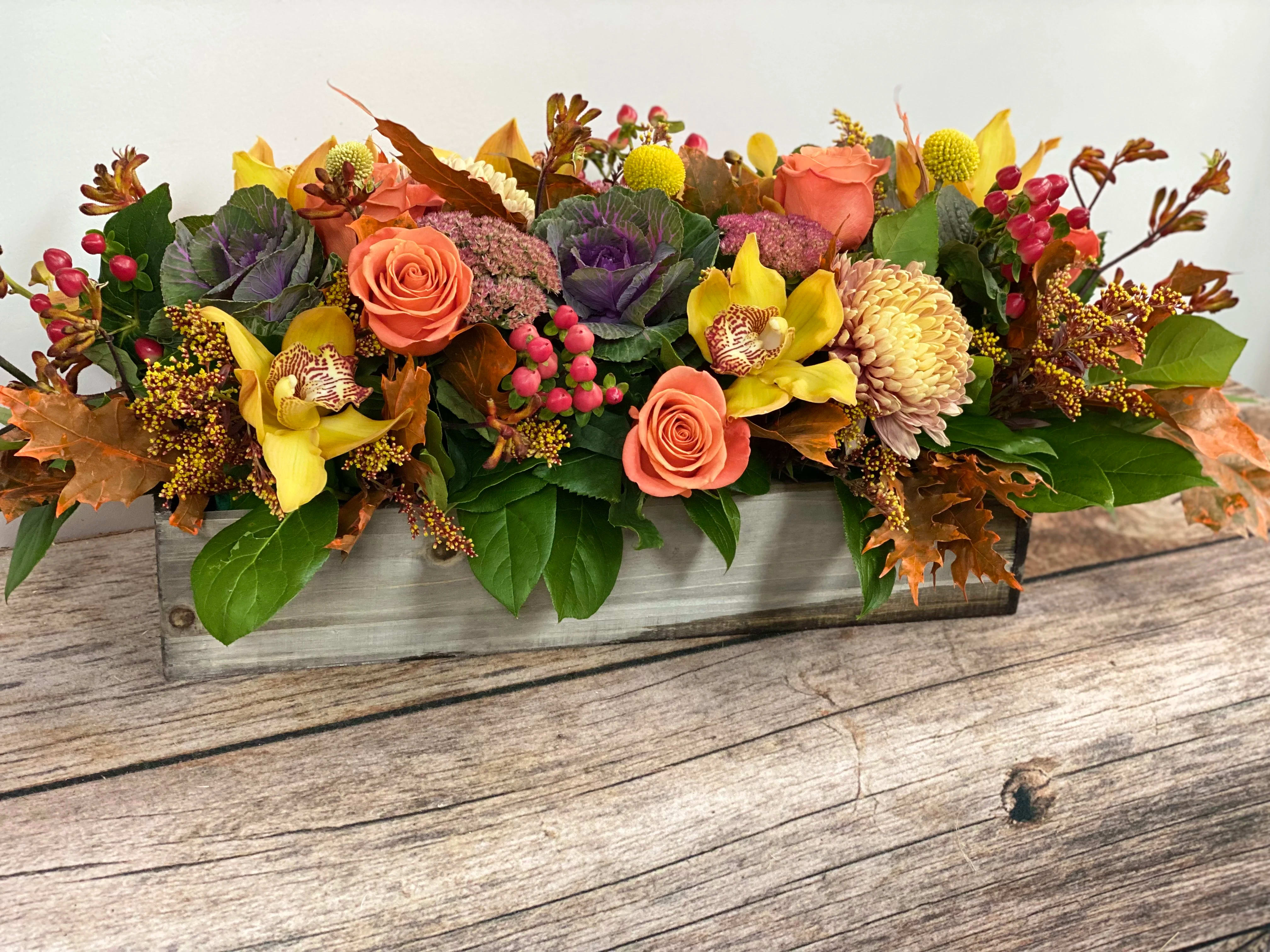 Thankful - Approximately 26&quot; long, this impressive piece will outshine the meal! Filled with fall's richest tones and varieties.