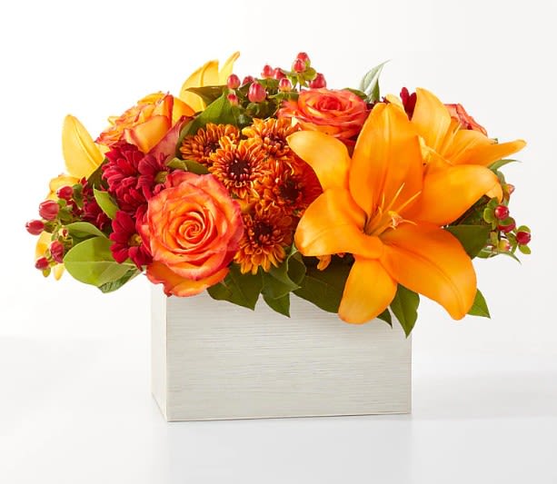 Backyard Bonfire Bouquet - Step into autumn with fiery red and orange petals, expertly arranged to offer a moment of solace, joy or celebration to those you love most.
