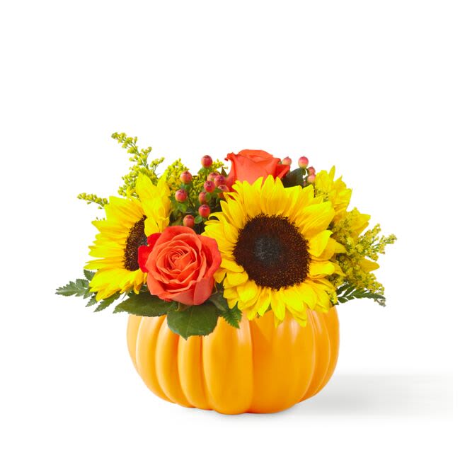 Pick Of The Patch Bouquet (FTD) - It's an Autumn tradition to go and pick the best pumpkin out of the patch. Look no further than this stunning fall bouquet in it's cute orange ceramic pumpkin! Approximately 11 inches wide and 8 inches tall for the Standard size.