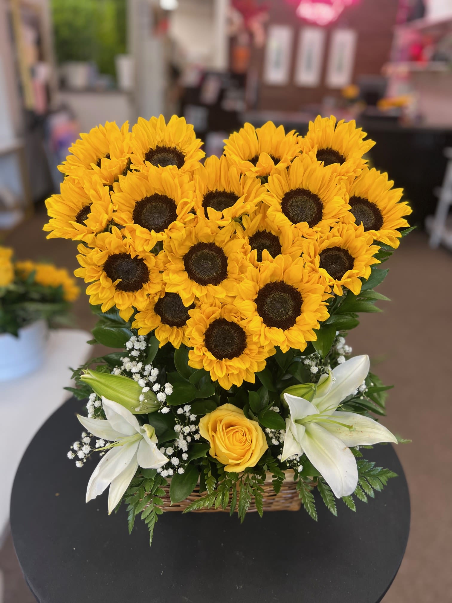 Sunflower  heart  - 15 sunflowers in a heart shape with lilies 