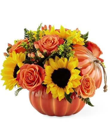 Harvest Traditions Pumpkin Bouquet - Our Harvest Traditions ceramic pumpkin vase has a stem and jute handle that can be reused all season long; it is filled with a collection of truly gorgeous blooms. Comprised of an array of orange roses, bold sunflowers and peach hypericum berries, this arrangement is sure to add a flare of harvest delight to any room. Bouquet sizes are approximate.   • 9&quot;H x 10&quot;W 