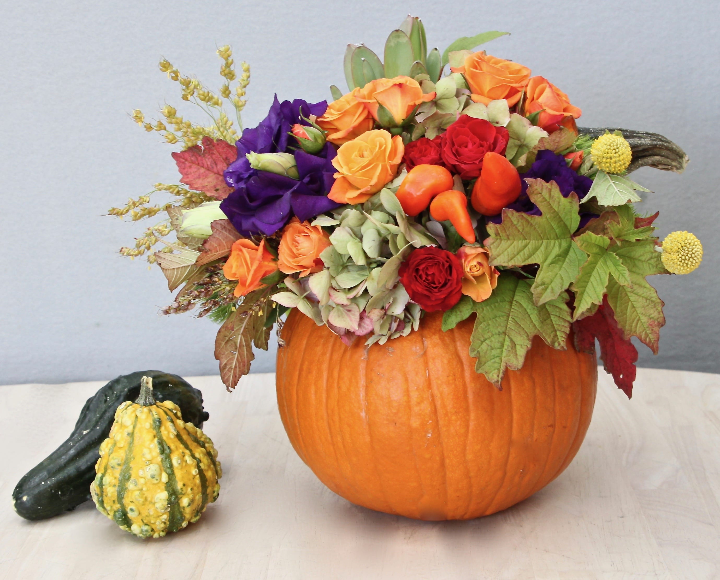 Pumpkin Harvest - WeHo - What better container than a pumpkin for this time of the season?! Make sure to get your pumpkin arrangement before they all run out! This arrangement is about 12''tall and wide.