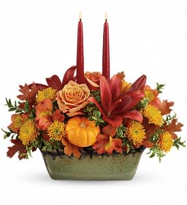 Country Oven Centerpiece - Add a graceful glow to your Thanksgiving dinner table or fall-decorated foyer with this warm, seasonal arrangement!