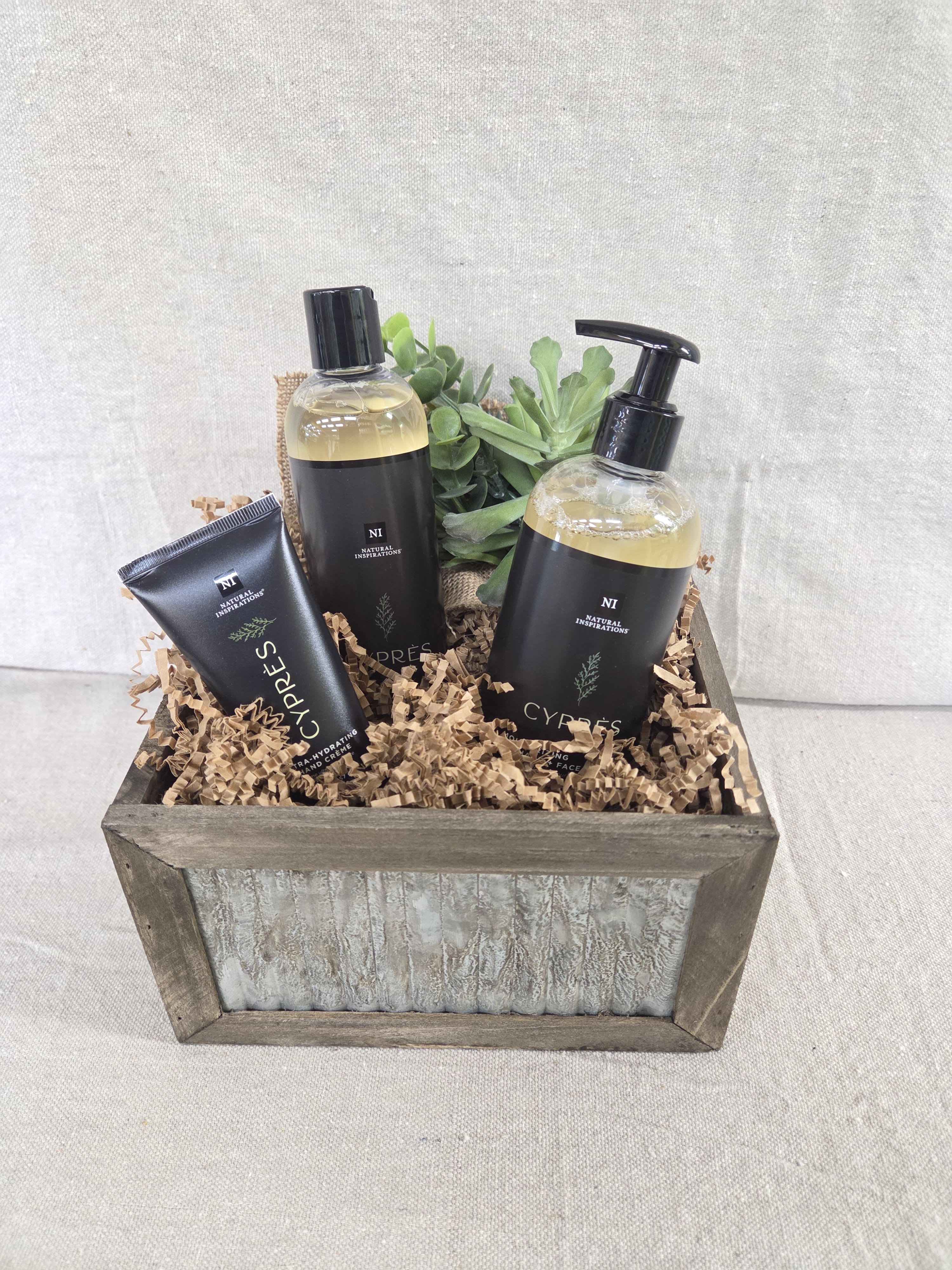 Spa Basket - Cypres - Spa Basket - Cypres  Our spa basket includes a variety of bath and body products in soothing scents packaged in a decorative container.