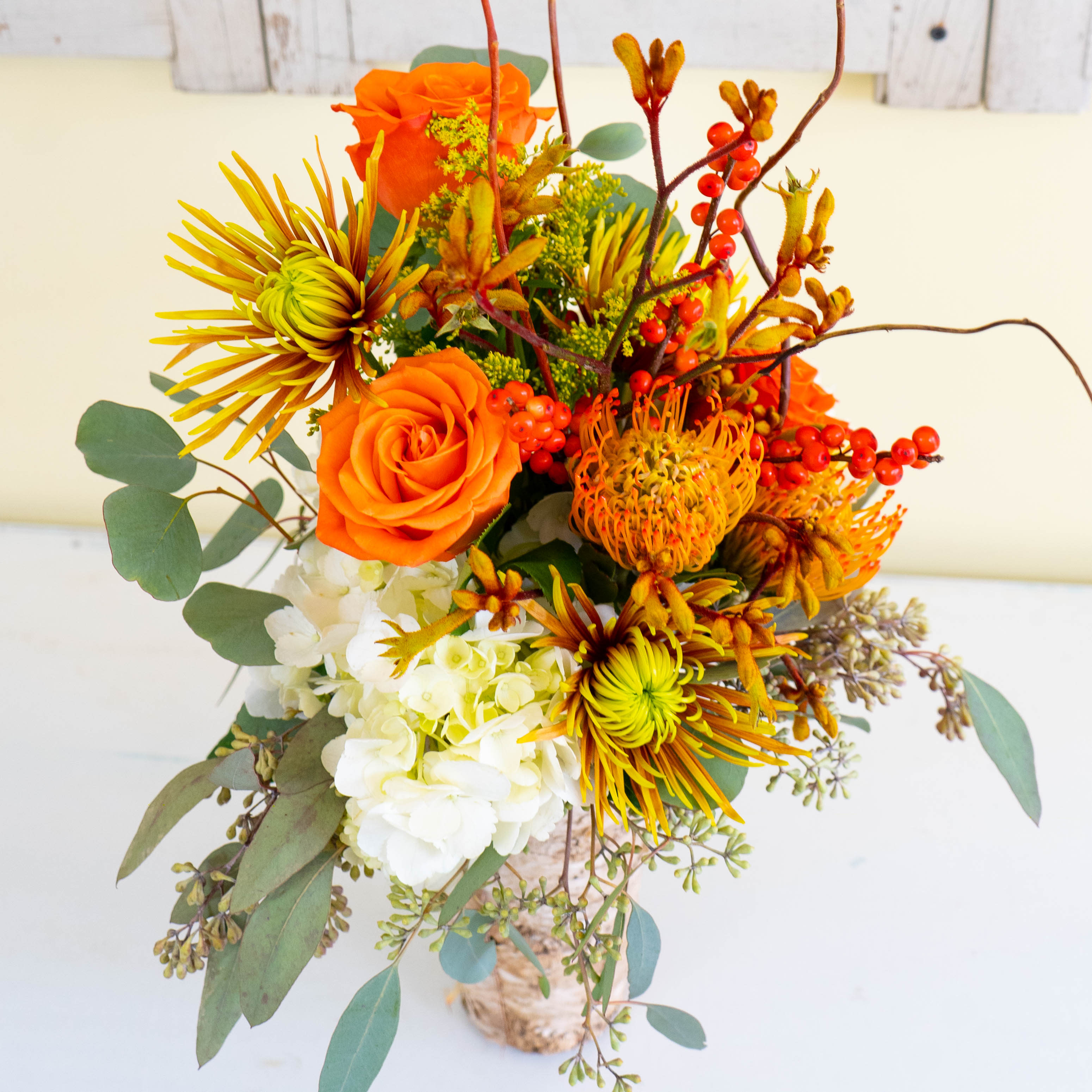 Birch of Autumn - Featured in an 8-inch tall birch vase, Birch of Autumn is a beautiful arrangement capturing the essence of autumn in white hydrangea, orange roses, yellow kangaroo paws, orange protea, seeded eucalyptus, and berries. 