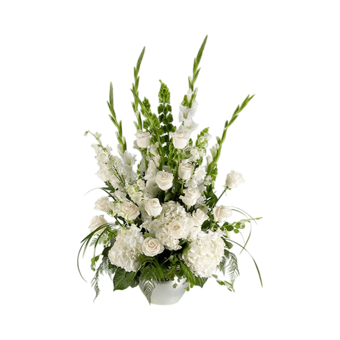 Sweet Comfort Sweet Comfort - An all white tribute, this funeral basket is pure and tranquil. Featuring a variety of white flowers and greenery, this design reaches for the sky and evokes a feeling of peace upward and outward.