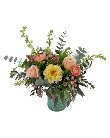 Peach Fireworks - Roses, mums, larkspur, pink hyacinth, and peach hypericum. Container color may very