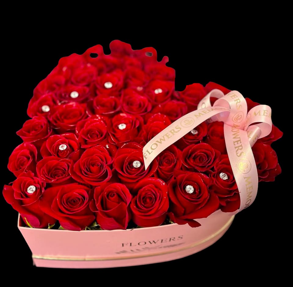 THE LOVE HEART BOX - Medium size heart includes 2 Dz red roses.   (Medium size heart) Box color may vary. 