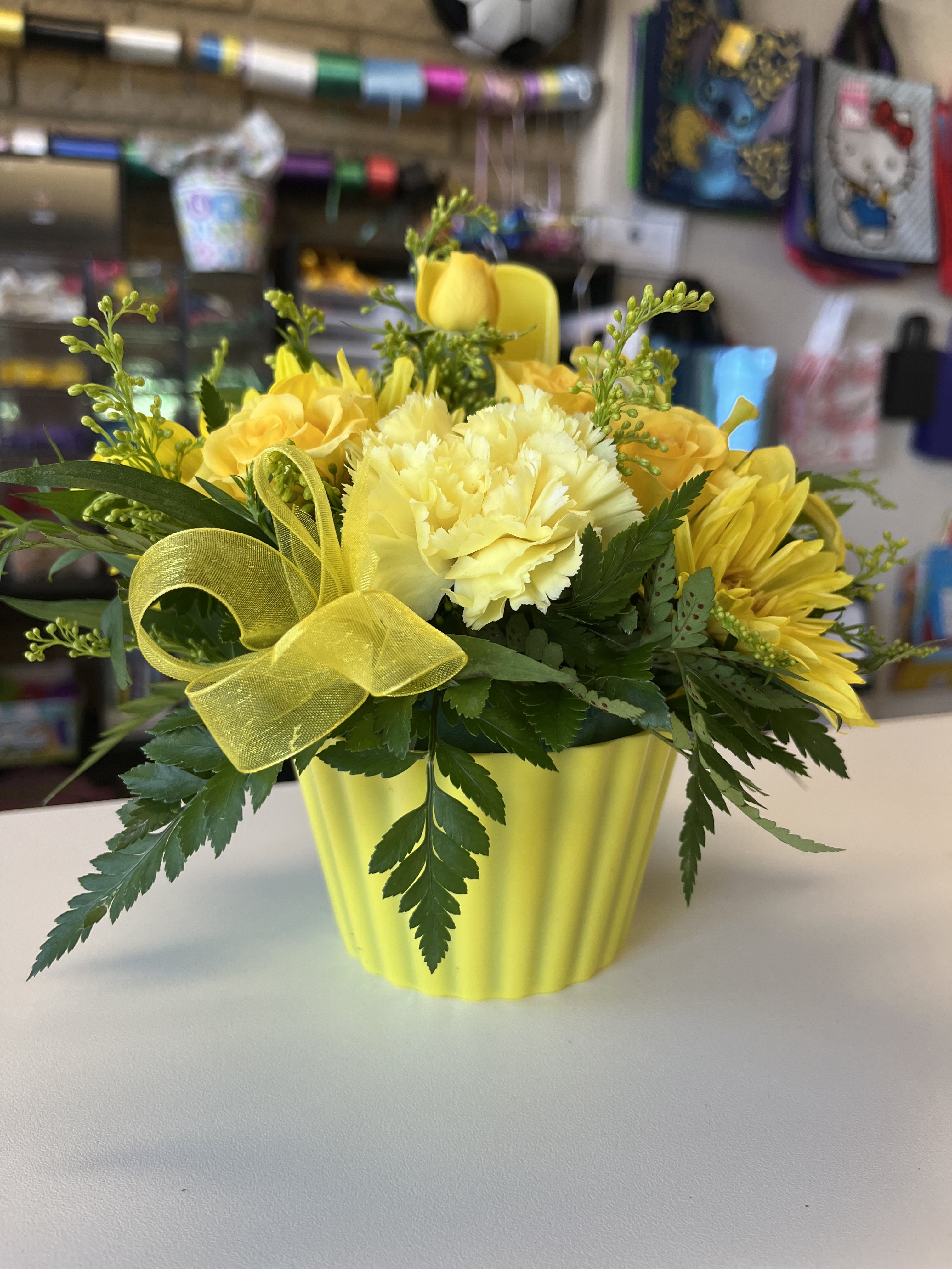 Yellow Yellow  - fresh yellow flowers in cupcake plastic vase 