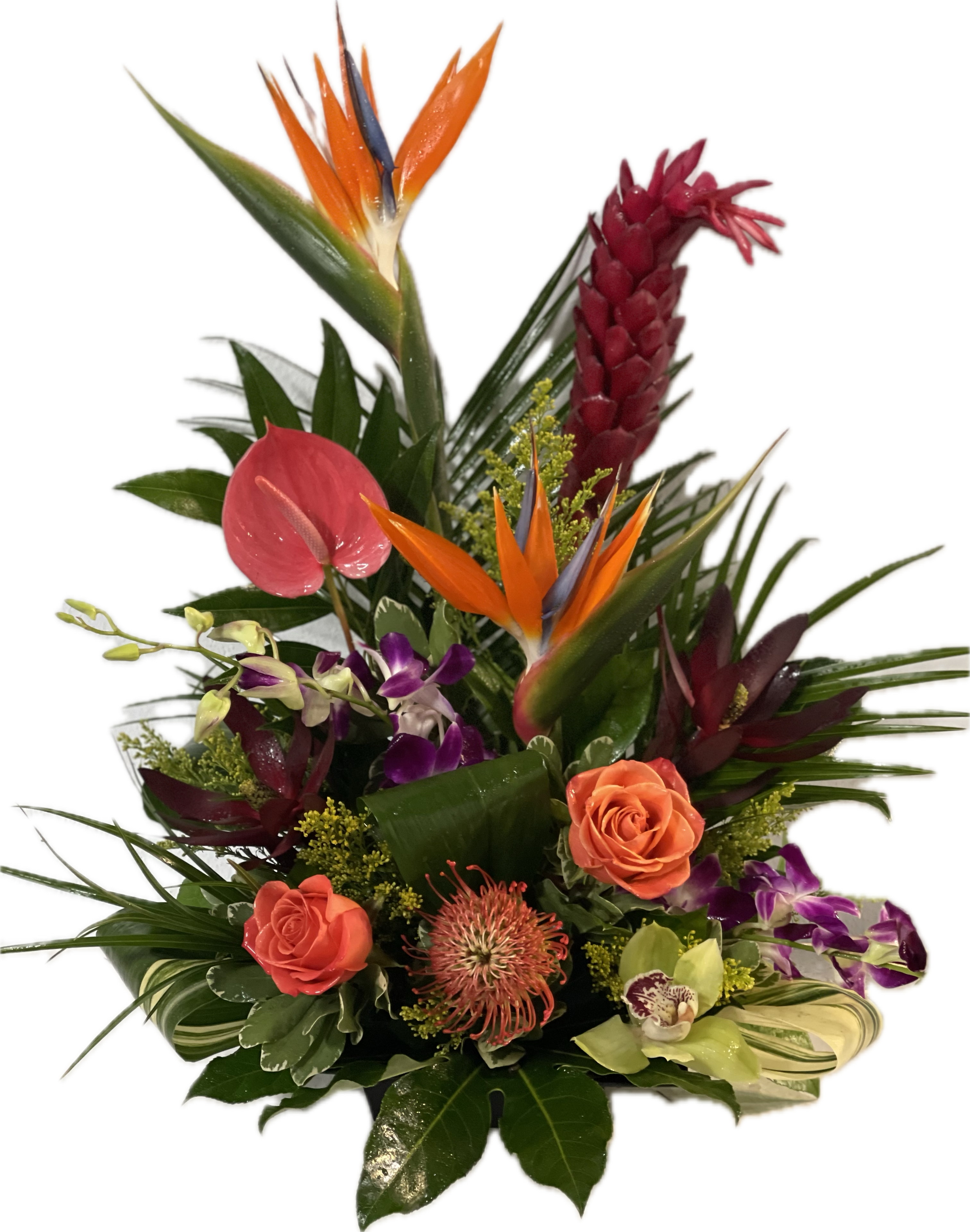 Exotic Escape Exotic Escape - Smaller version of our signature design "It's Paradise".....great for smaller spaces including hotel getaways. We deliver to all the local hotels. This design includes a nice variety of tropical flowers including ginger, pin cushion, cymbidium orchid, dendrobium orchids, psittacorum, anthurium and others. Very tropical!!