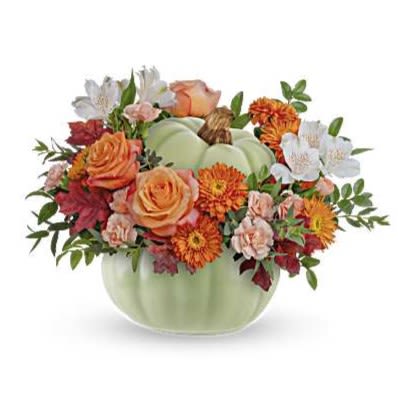 Whimsy Pumpkin Bouquet  - Whimsy Pumpkin Bouquet offers a stylish option for your autumn table. This sophisticated arrangement of fall roses comes in a beautiful ceramic pumpkin adorned with intricate hand-painted accents in sage green.