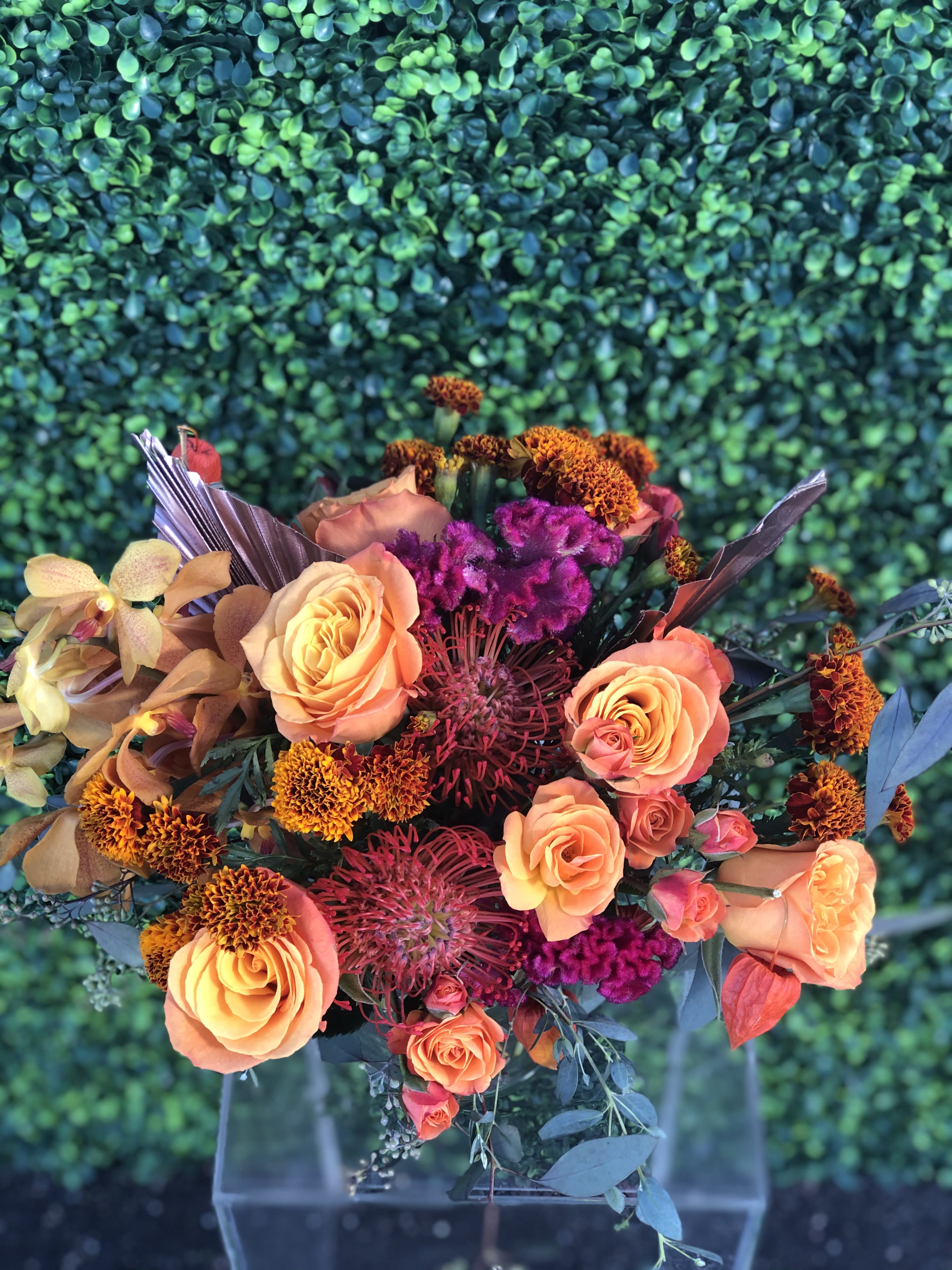 Autumn Vibes - One of our best selling seasonal arrangement showcases may include pumpkins, tulips, berries, orchids, touches of greenery and other beautifully toned elements fresh from the Miss Daisy cooler! 