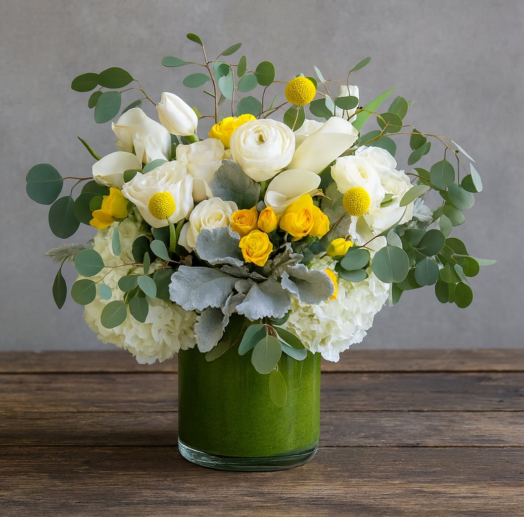 Montrose  - If you’re looking for a vase that’s absolutely lovely, look no further than the Montrose. It’s a clear vase lined with rich, green tea leaves, just like the unincorporated town its named after. The Montrose is full of class and beauty, with white hydrangeas, white roses, white tulips, mini calla lilies, and sunny yellow spray roses, making it an absolutely perfect gift for family and friends. Make your loved ones feel special… send them the Montrose!