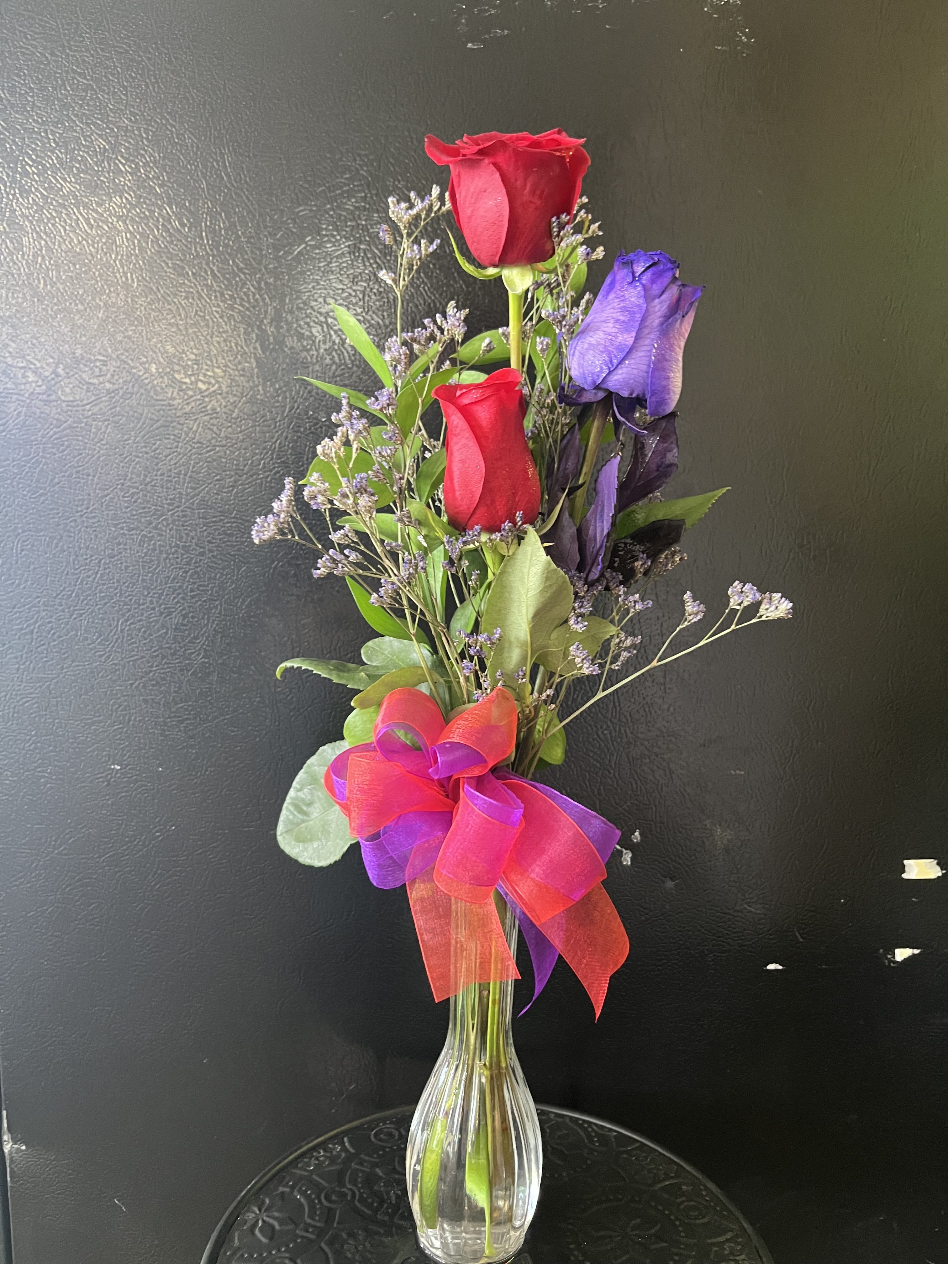 Red &amp; Purple Roses  - fresh purple and red roses in bud vase 