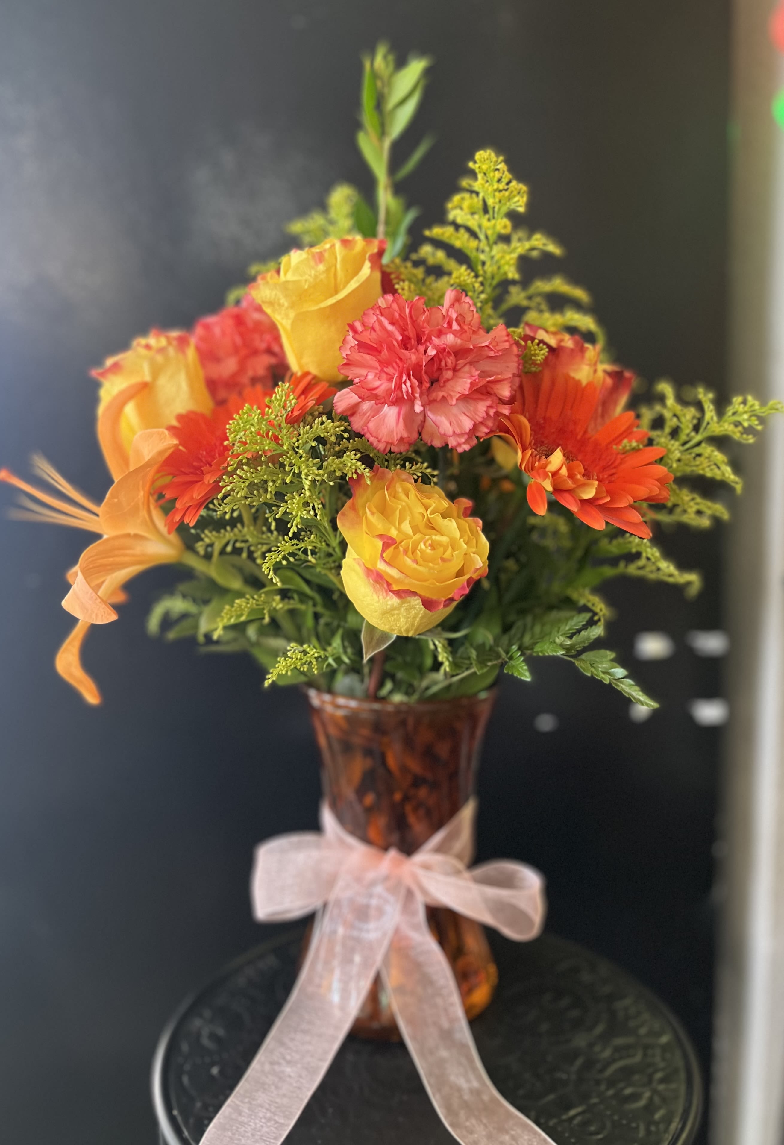 Fall is Here  - fresh fall color flowers in orange vase 