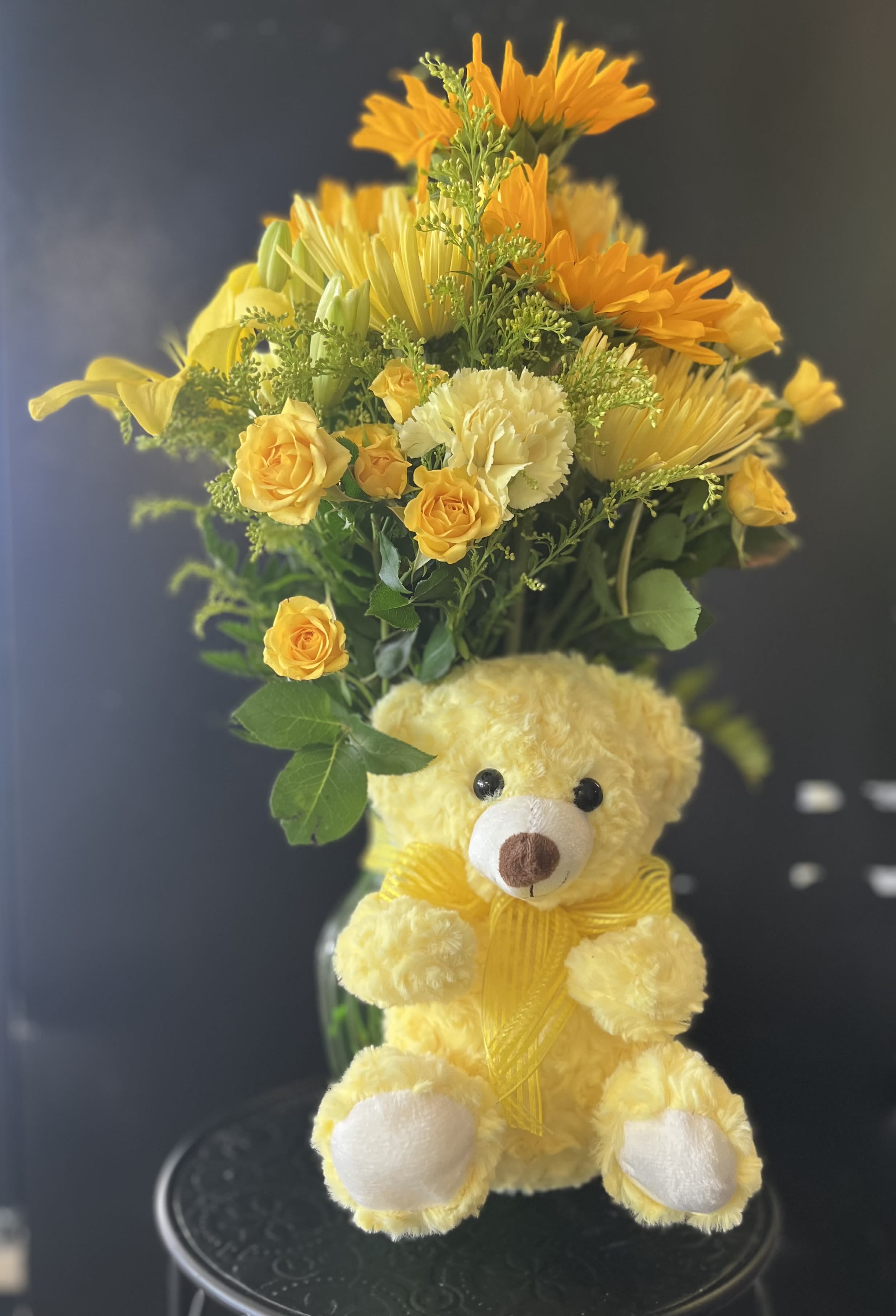 Sunflower Bear  - fresh yellow flowers in vase with yellow Bear 