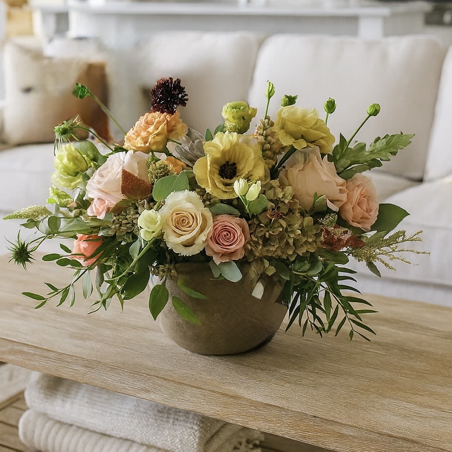 Autumn Blush - Seasonal Fall Bouquet  - Autumn Blush – A Cozy Fall Floral Arrangement  Welcome the beauty of autumn into your home with our Autumn Blush floral arrangement, a seasonal favorite designed to capture the warmth of fall. Featuring rustic hues and soft textures, this bouquet blends lisianthus, scabiosa, and delicate light pink spray roses for a naturally elegant display. Perfect as a gift for loved ones or as a charming centerpiece, Autumn Blush brings a cozy, timeless touch to any room.  Whether you’re celebrating a special occasion, surprising a friend, or simply adding fall décor to your space, this arrangement is the perfect way to embrace the season. Autumn Blush is your go-to bouquet for fall flowers—stylish, heartfelt, and full of seasonal charm.