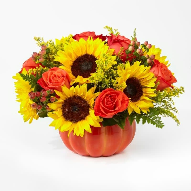  Warm Fall Wishes Bouquet  - Includes a lush mix of orange roses, orange alstroemeria, burgundy cushion chrysanthemums, yellow daisy chrysanthemums, solidago, huckleberry and oak leaves. Delivered in an exclusive ceramic pumpkin with lid. Approximately 14 1/2&quot; W x 12 1/2&quot; H. T13H110A