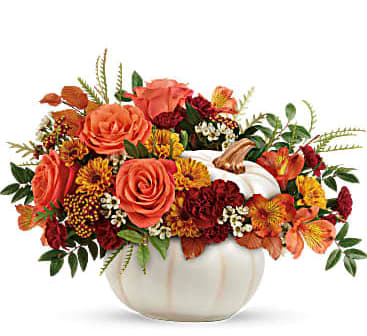 Enchanted Harvest Bouquet (white pumpkin) - Add a touch of enchantment to your fall gatherings with this magnificent mix of autumnal roses and mums, gathered in a white ceramic pumpkin that's sure to be an annual décor favorite!