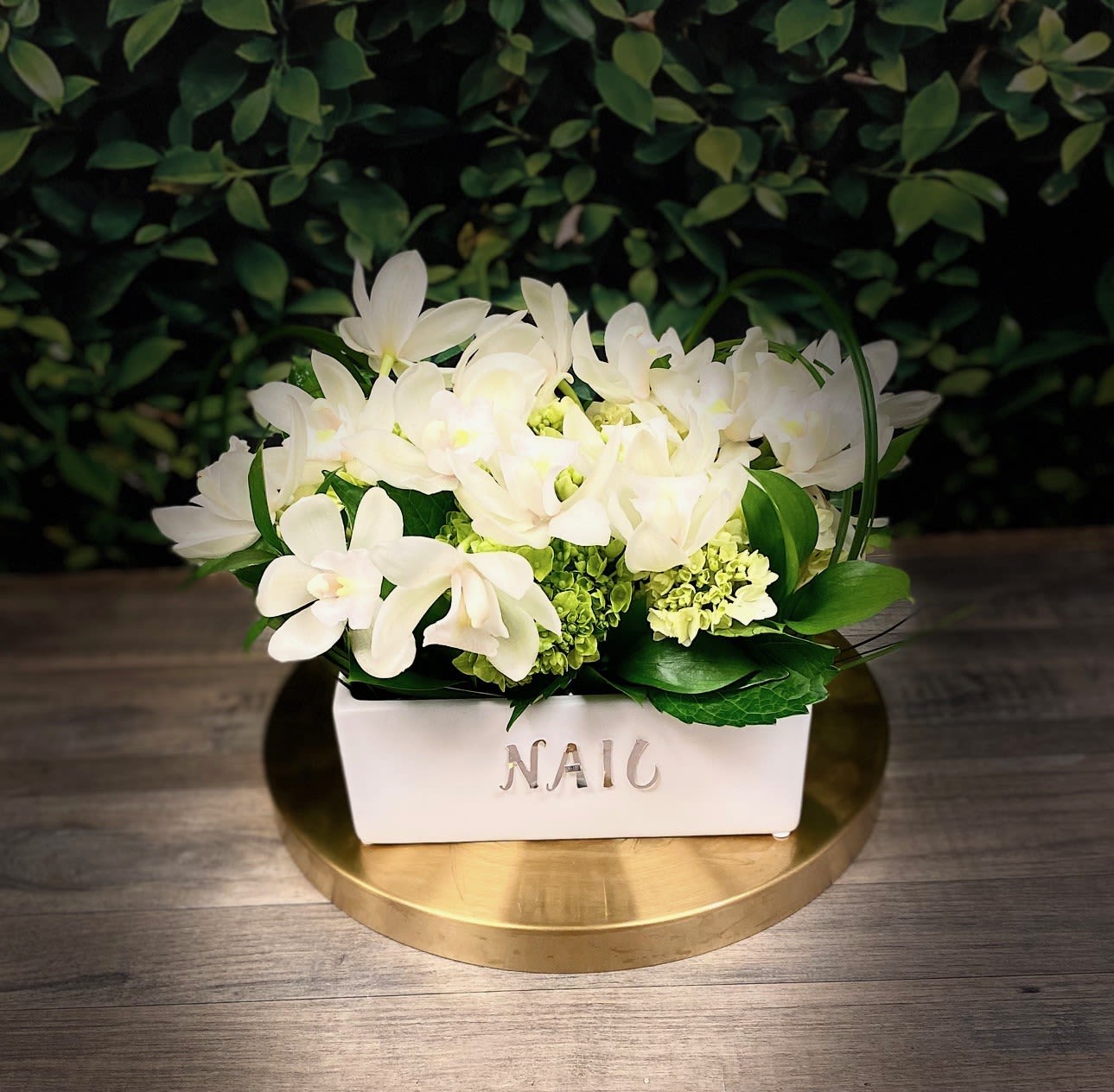 Classy Orchids in White on a Soft Bed of Hydrangeas - Classy Orchids in White with FREE Luxe Wrapping and Personalized Card from you adorn this lovely table centerpiece, or a respectful farewell to an amazing employee at their retirement. This display sits on a bed of lush hydrangeas.