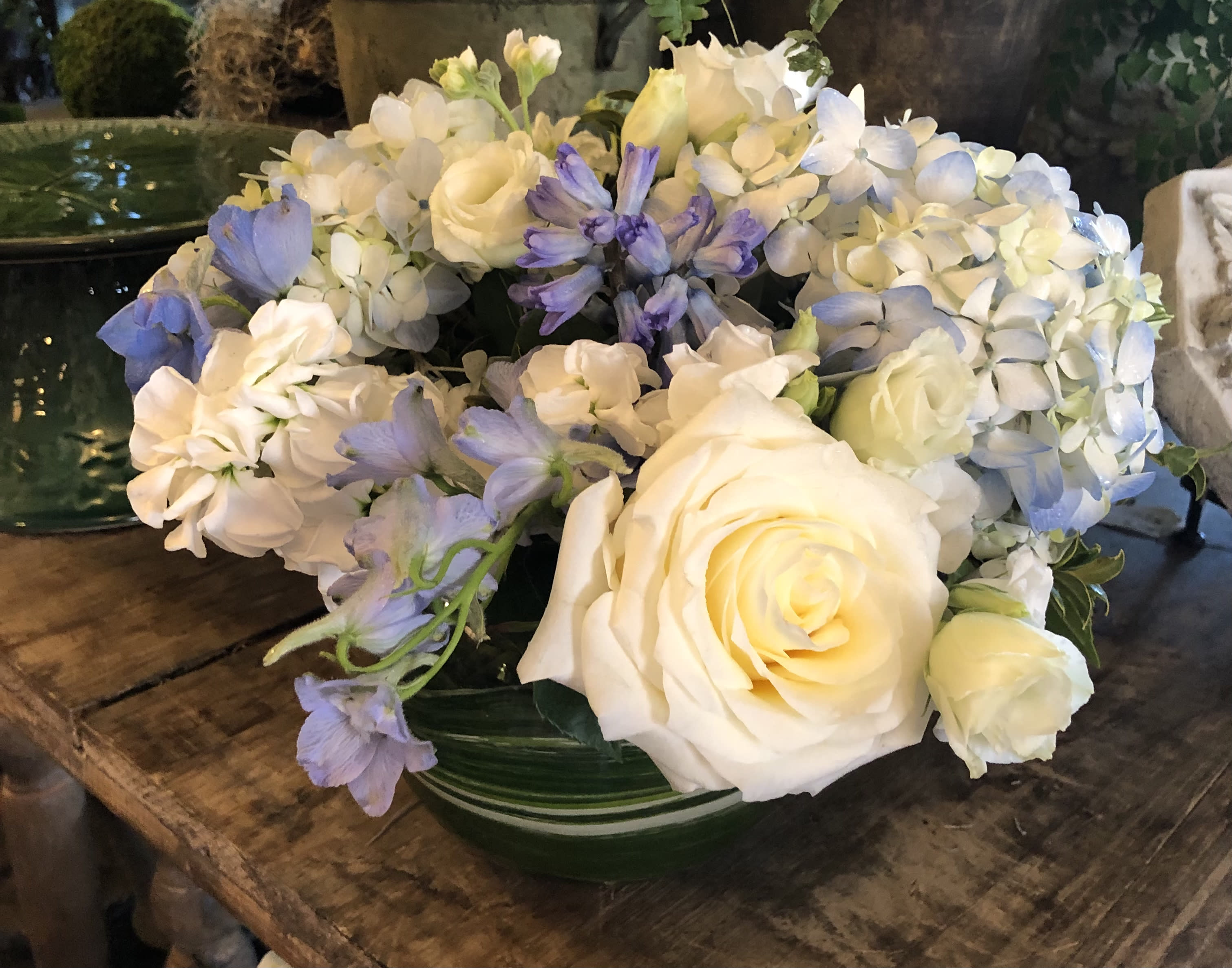 Blue &amp; White Bowl - Lovely mix of blue and white flowers in a leaf lined bowl makes a wonderful gift for any occasion.