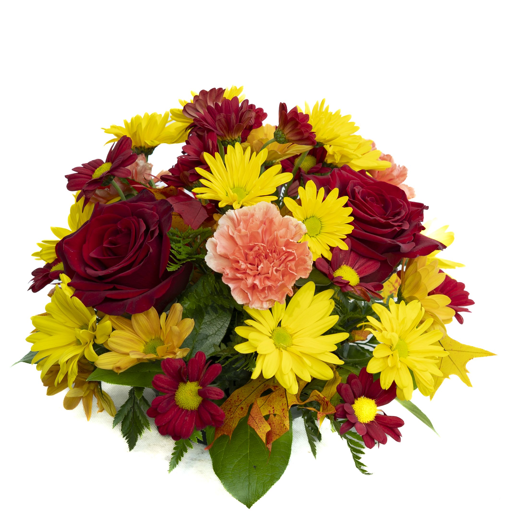Autumn Harmony Bouquet - A warm and festive mix of deep red roses, golden yellow daisies, and cheerful orange carnations accented with burgundy mums and autumn foliage. This compact and colorful arrangement is full of seasonal charm, making it the perfect centerpiece or gift to celebrate the beauty of fall.