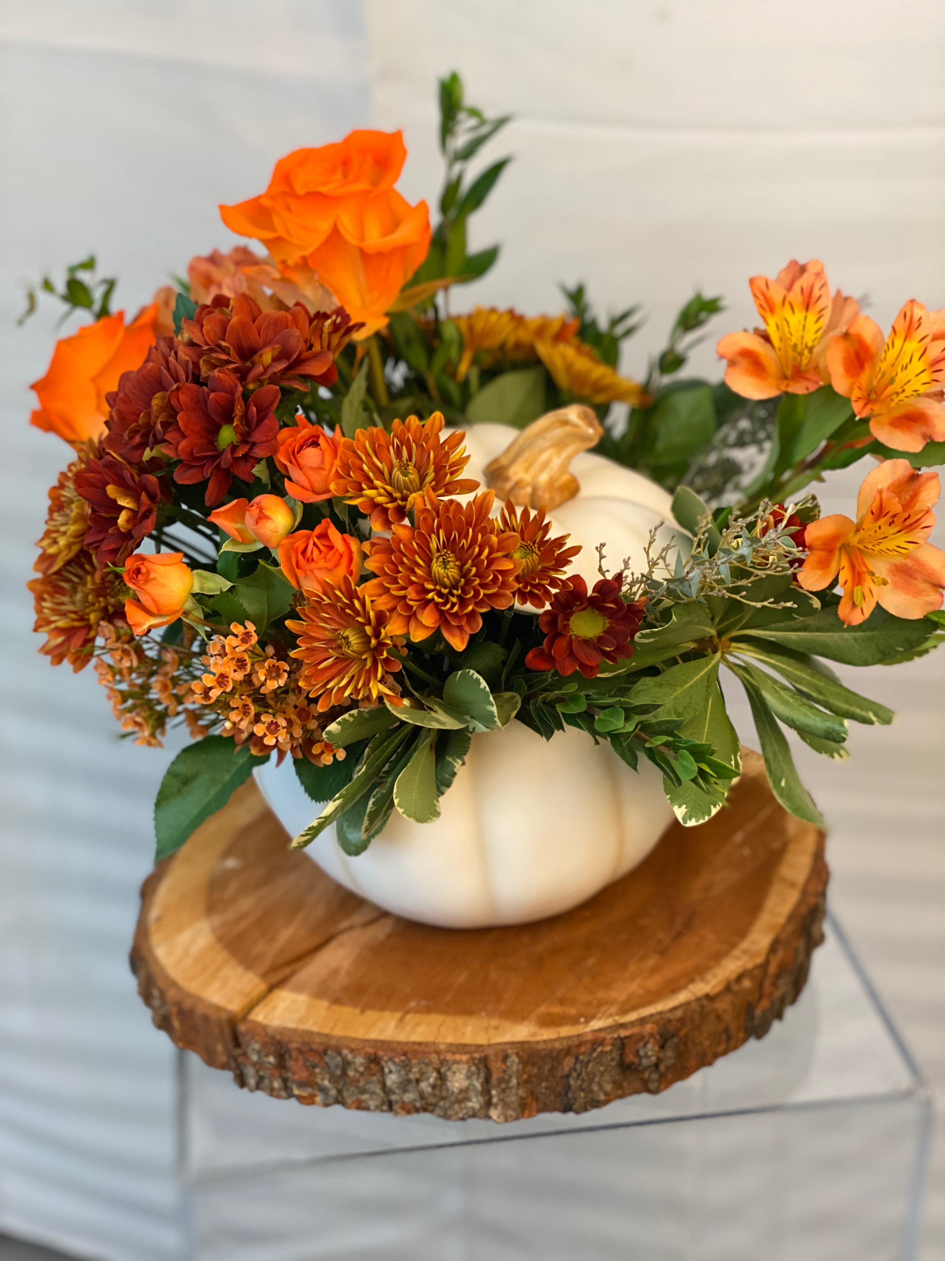 You are my pumpkin - This charming arrangement is a splendid festive gift for a loved one, or a unique centerpiece for your own home! Sending the You're My Pumpkin as a thank you to your host is a grand gesture that will surely be appreciated! The cascading display of orange roses and alstroemeria is accented with stunning maroon mini carnations and golden mums. Flowing out of a classic white and gold holiday pumpkin, this brilliant bouquet is available for same day delivery!  Includes: • Orange Roses • Orange Alstroemeria • Maroon Mini Carnations • Yellow Mums • White Waxflower • Ceramic Pumpkin