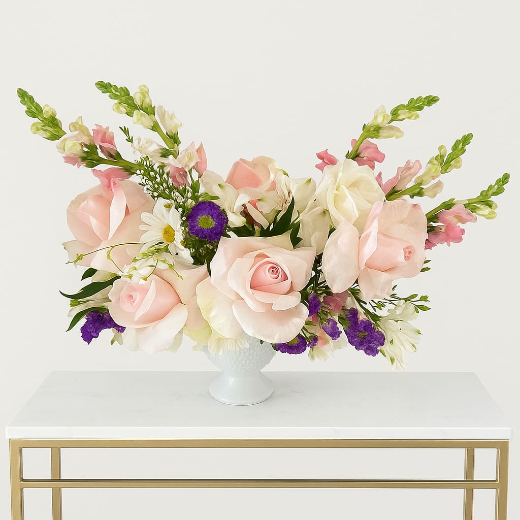 Blushing Elegance  - Our Blushing Elegance arrangement is a graceful blend of soft blush roses, ivory blooms, and fresh seasonal accents designed to bring warmth and sophistication to any space. Accented with delicate daisies and vibrant pops of purple asters, this hand-crafted bouquet is artfully arranged in a classic white hobnail pedestal vase. Perfect for weddings, anniversaries, or simply brightening someone’s day, this timeless piece embodies both charm and refinement. 	•	Features premium roses, daisies, snapdragons, and seasonal filler flowers 	•	Arranged in a reusable ceramic hobnail vase 	•	Ideal for home décor,  Birthdays Anniversaries, any special occasion or just because 