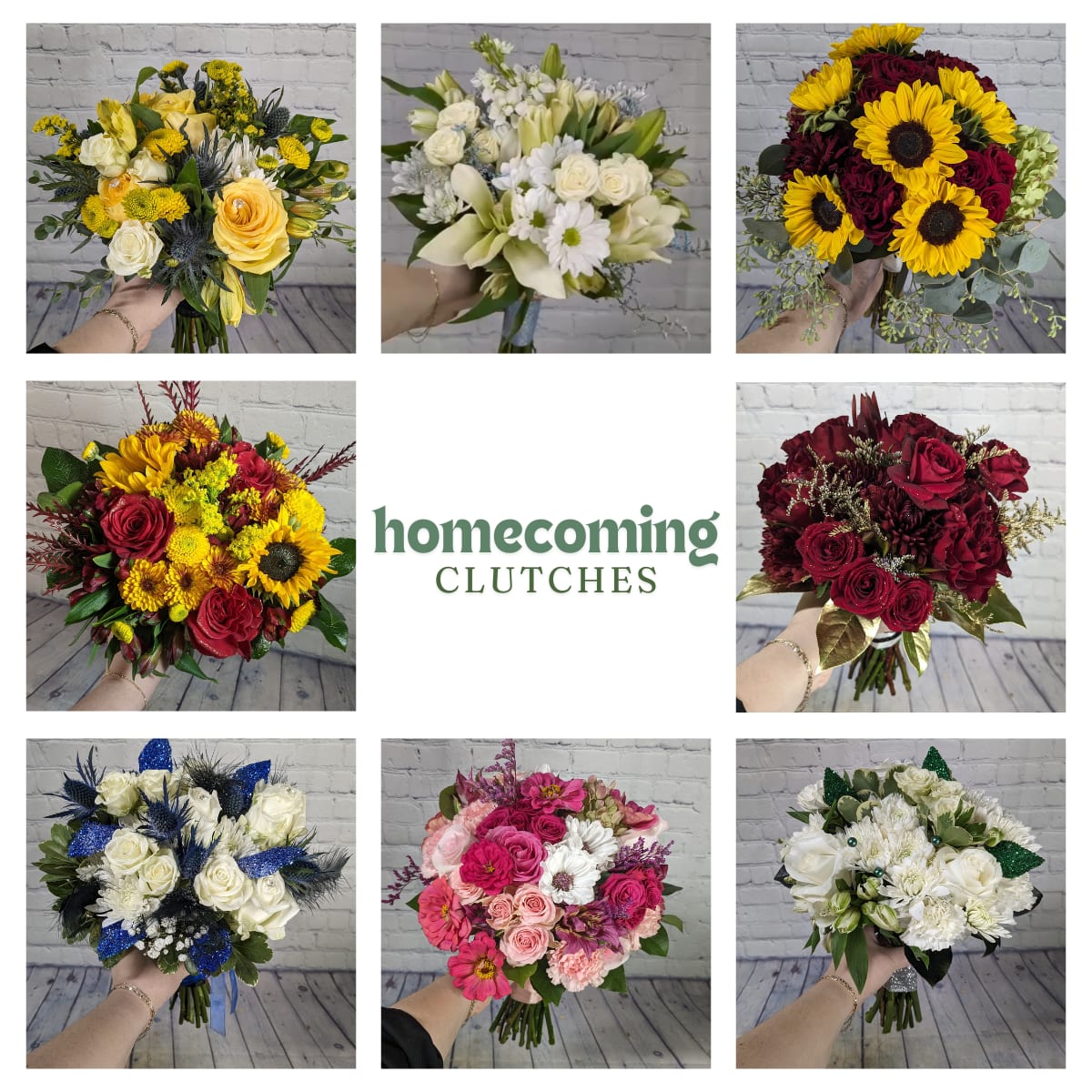 Homecoming Clutch Bouquet Homecoming Clutch Bouquet - Clutches are designed with a mix of florals to complement any dress.  Please specify your color preferences in the special notes section of your order form. Also let us know what jewelry color you'll be wearing so our designers can best create your custom bouquet. Pictures of your dress, tux, or floral inspiration may be texted to 740-238-0341; with your photos please include your last name.