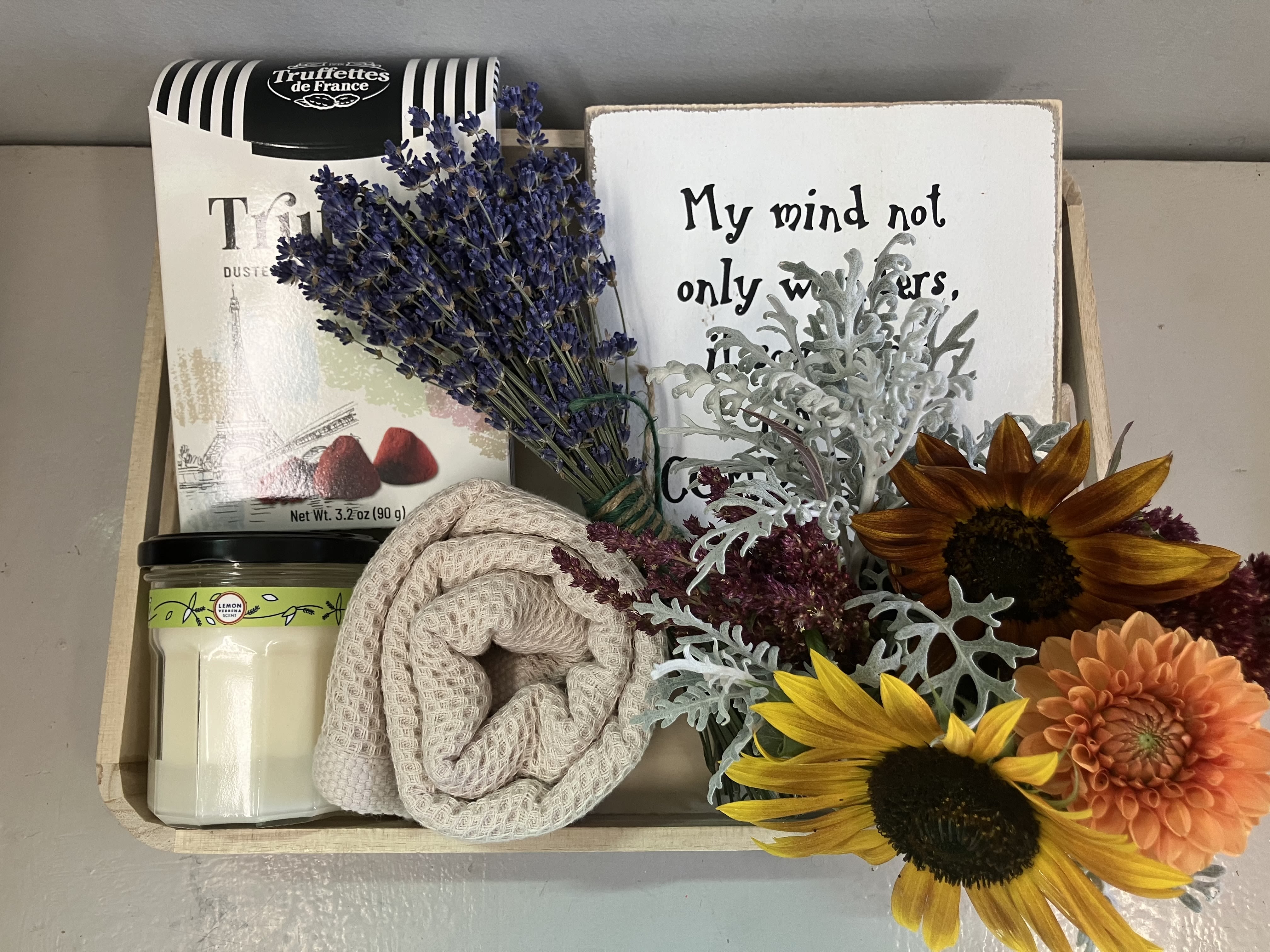 Homey Essentials Gift - Assorted items for a unique gift, includes serving tray, chocolate, flower mug, hand towel, dried lavender and candle!
