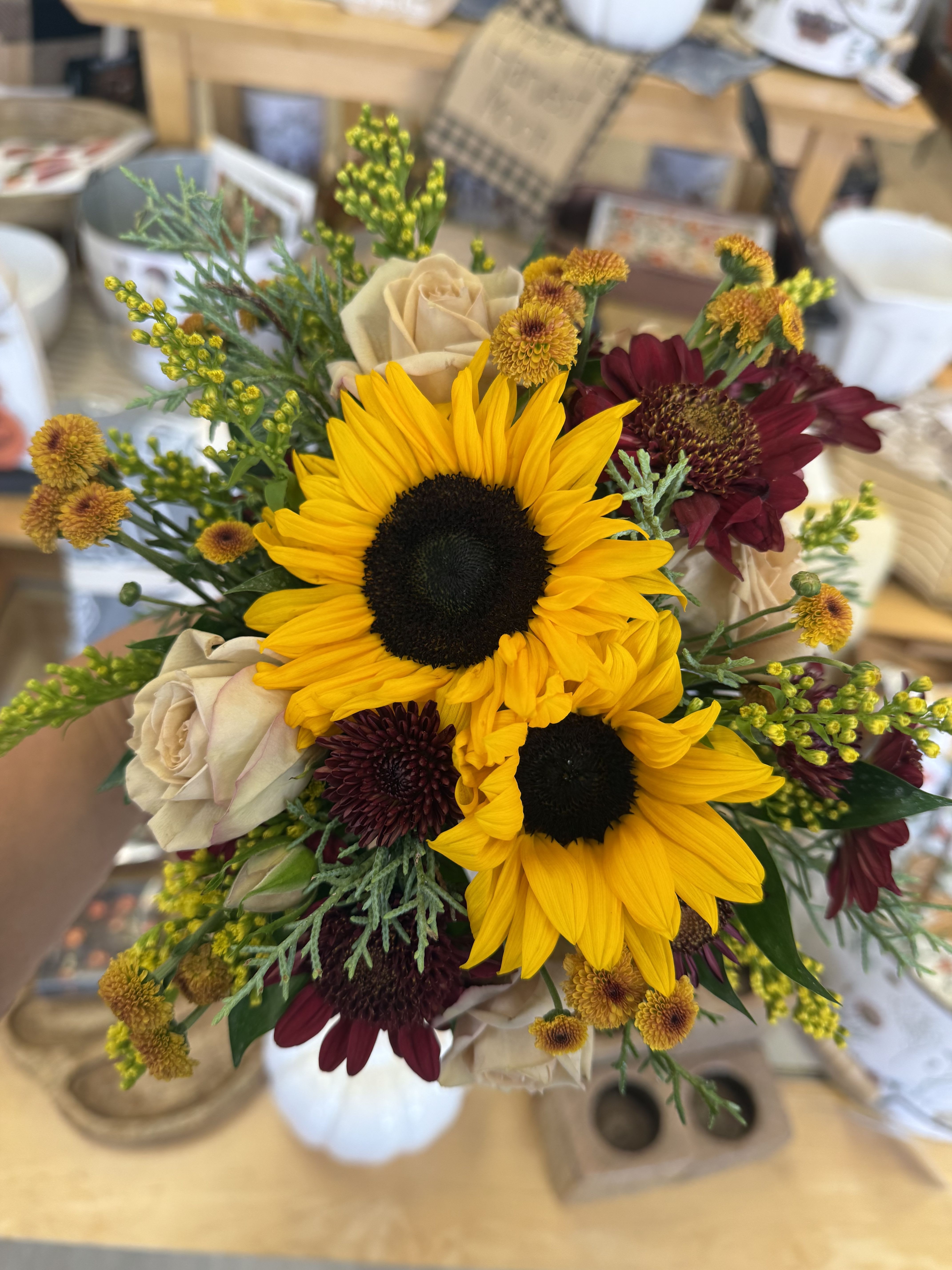 Fall Mixed Bouquet  - This arrangement will be a wonderful mix of fall colors and textures. Types of flowers and colors will vary depending on what we have fresh and new in the cooler that day!   